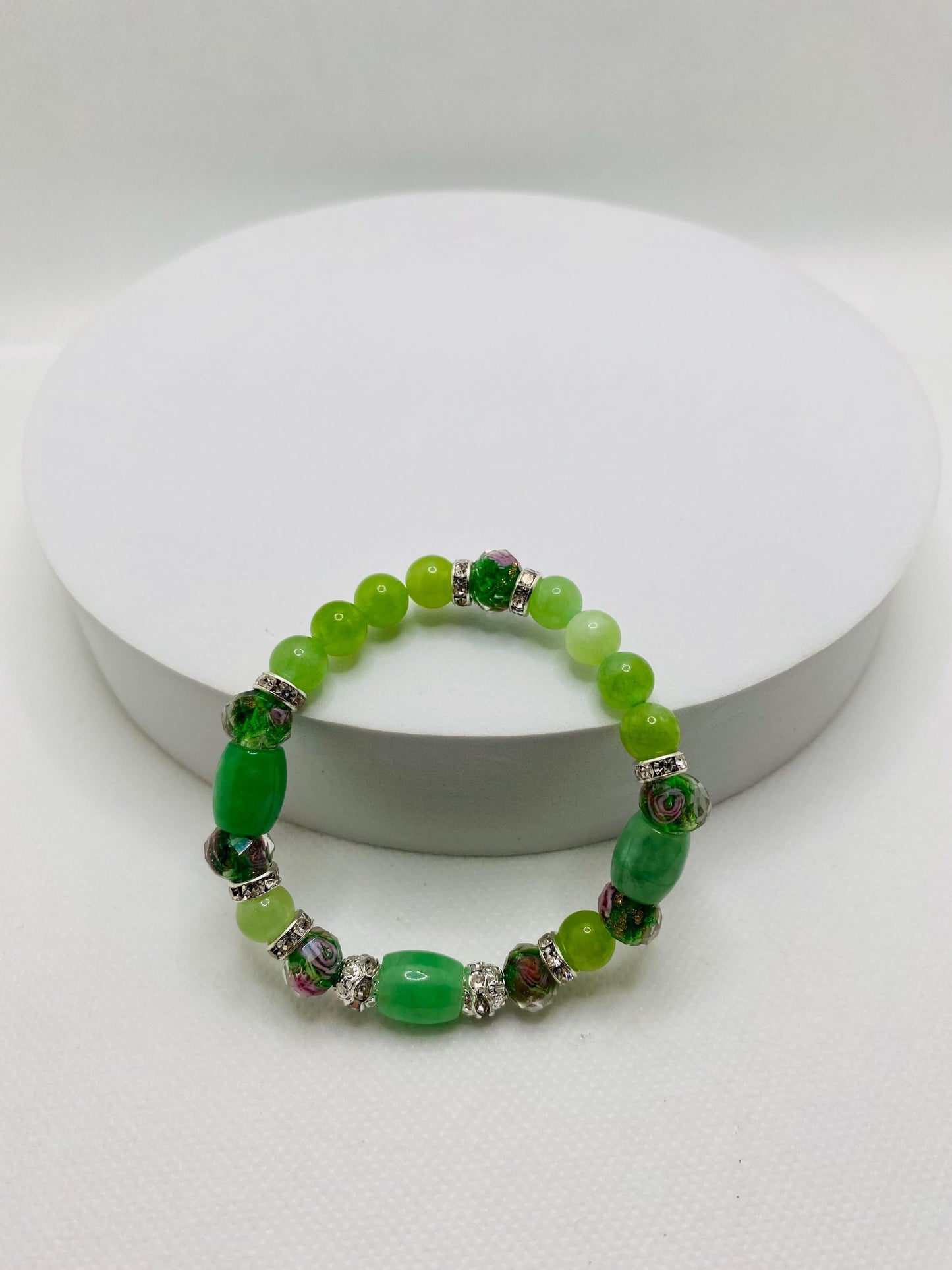 Peridot Bracelet: Green Lampwork Glass Beads, Silver Rhinestone Accents
