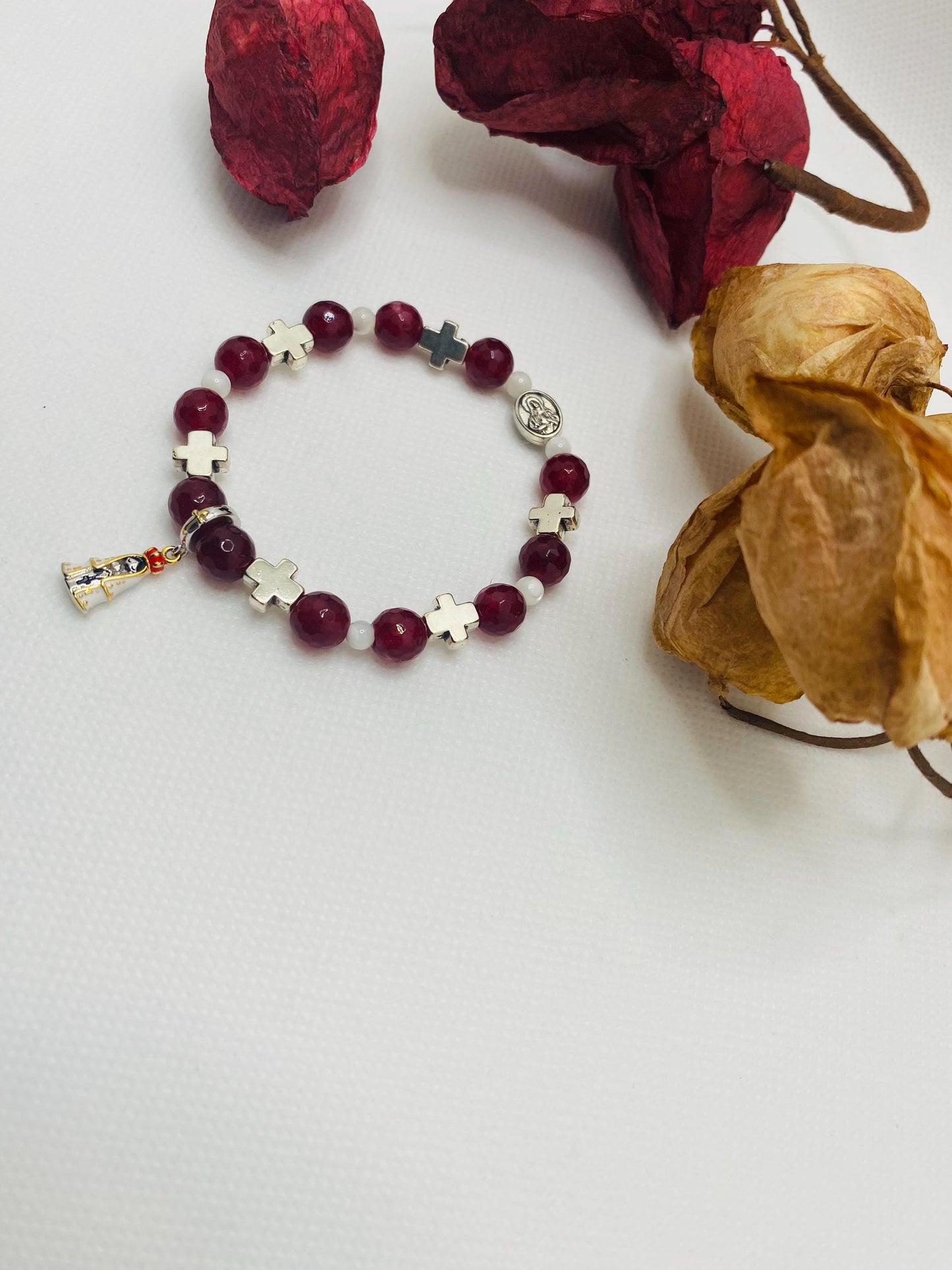 Carnelian Rosary Bracelet: Mary of Nazareth Cross Charm
