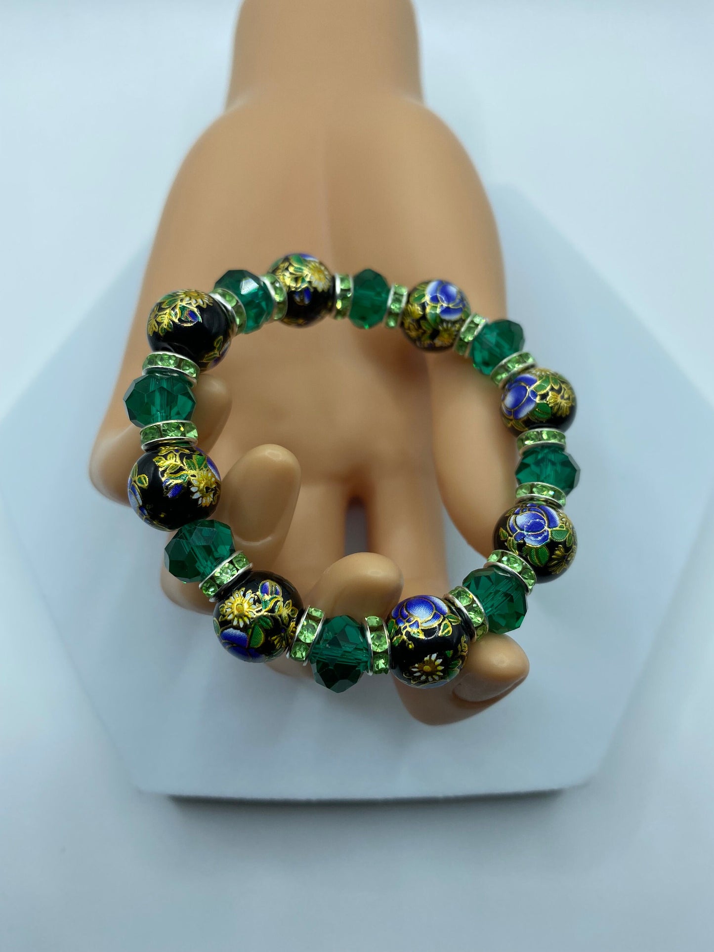 Floral Lampwork Glass Bead Bracelet: Emerald Green Crystal Rhinestone Rondelles