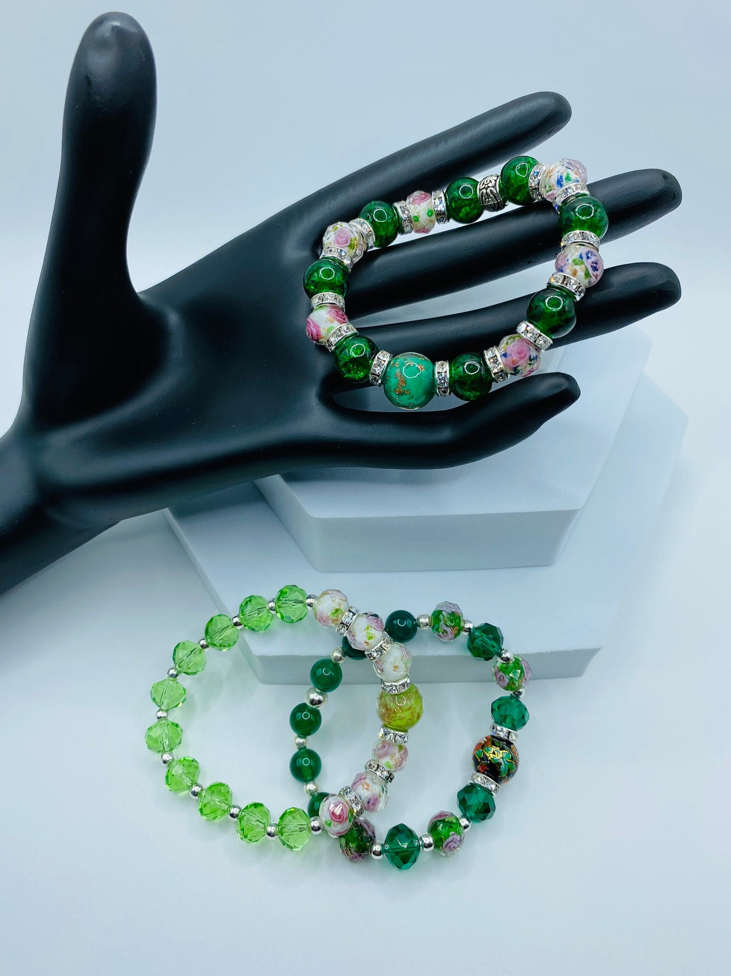 Lampwork Flower Bead Bracelet: Green Crystal, Rhinestone Accent