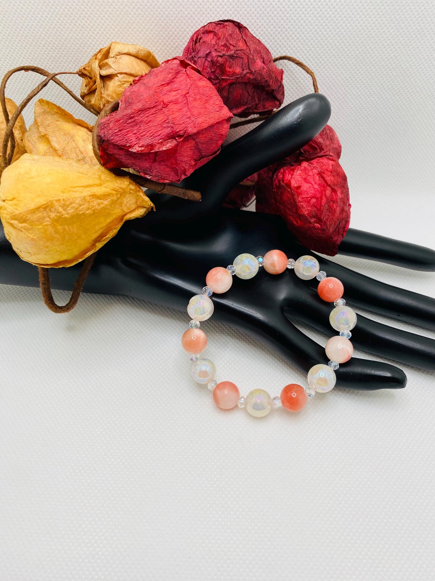 Snow Quartz, Onyx & Persian Pink Gemstone Bracelet