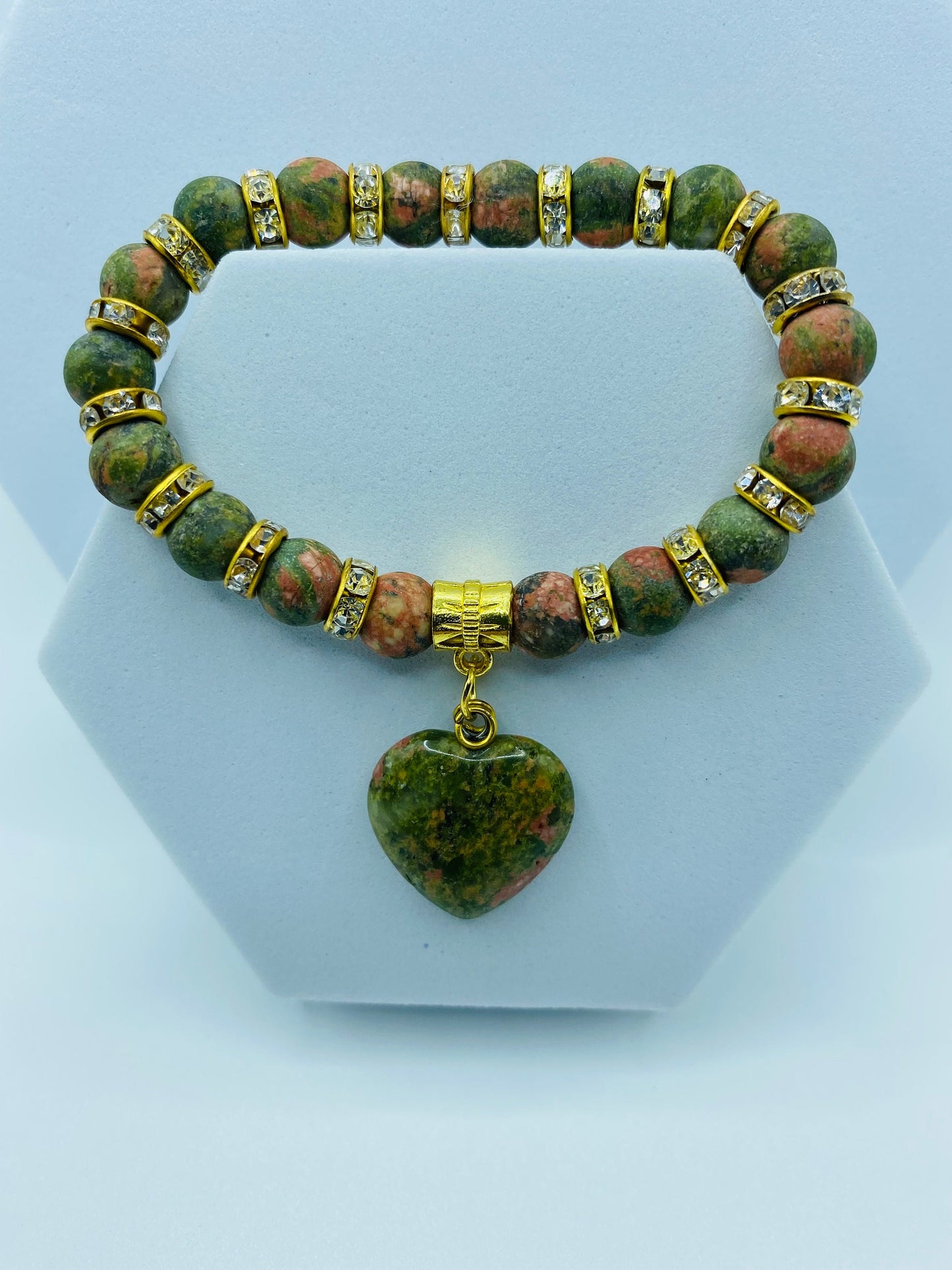 Unakite Heart Charm Bracelet: Gemstone Beads, 18k Gold Accents