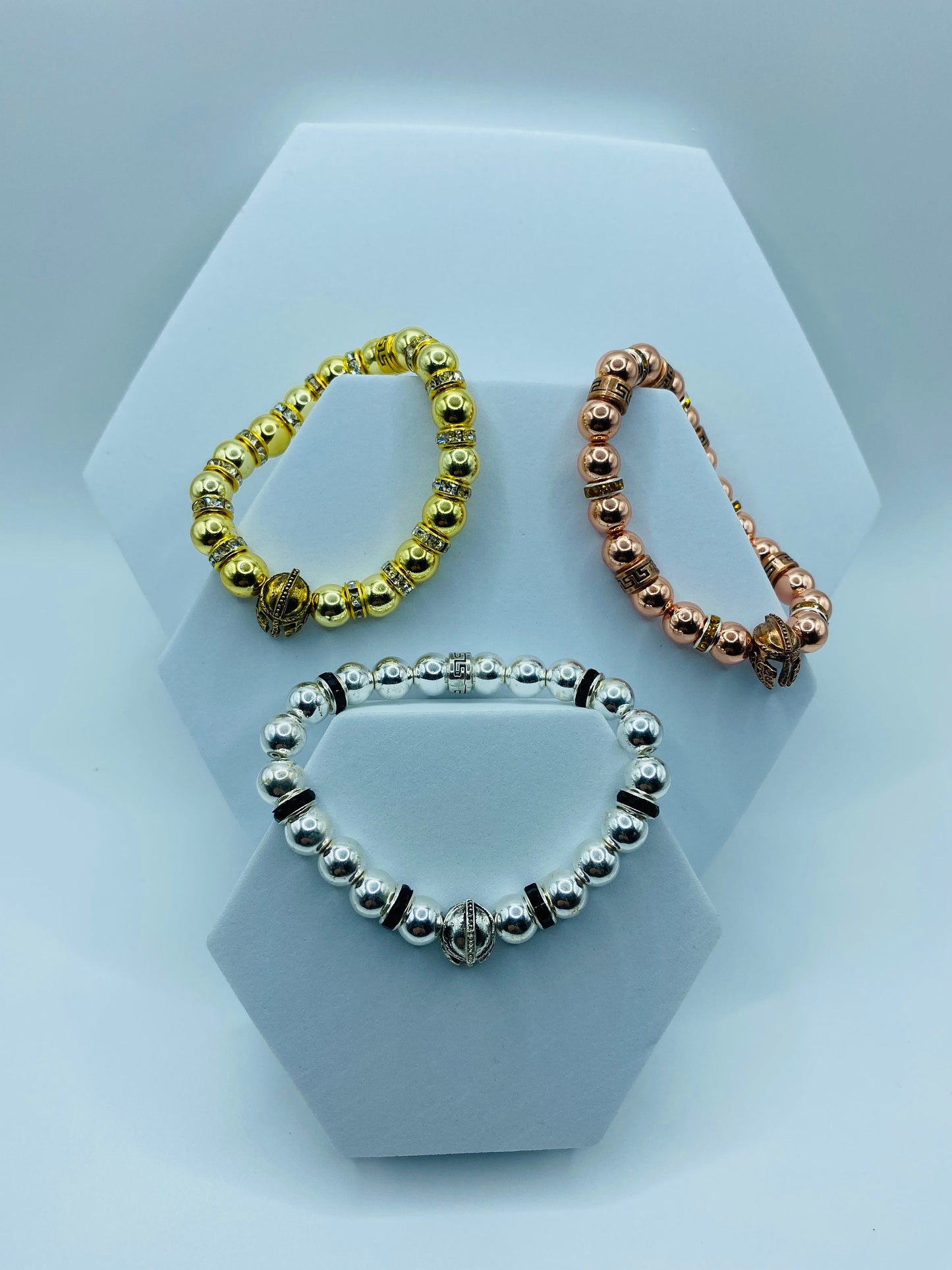 Mens Spartan Helmet Bracelet: Silver Hematite Gemstone Beads, Medieval Jewelry