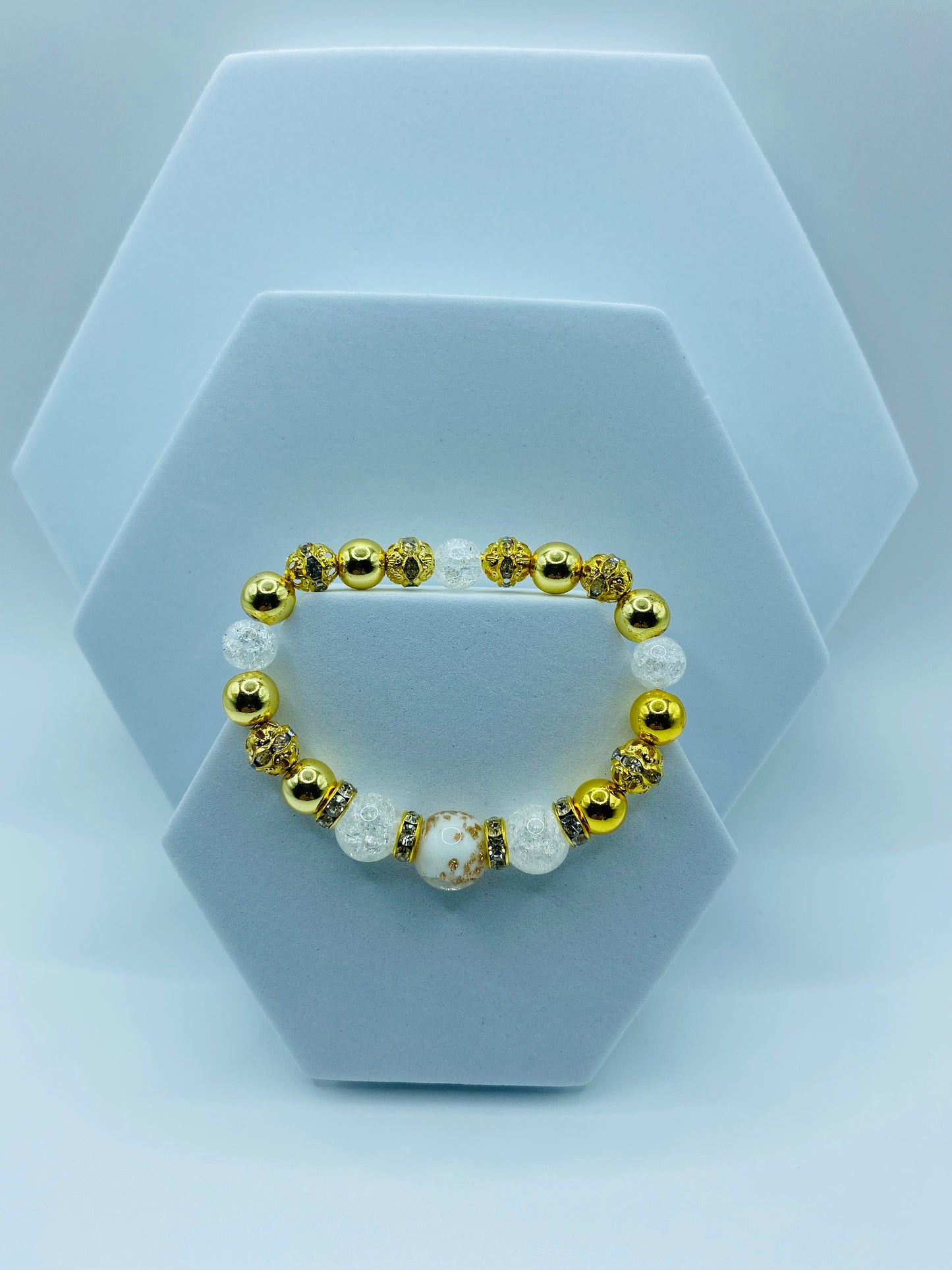 Gold Hematite Bracelet: Lampwork Glass & Crackle Quartz Crystal