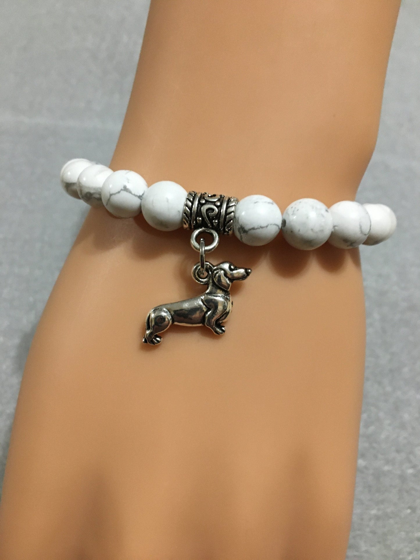 Dachshund Charm Bracelet: Howlite Gemstone Beads, Dog Memorial Gift