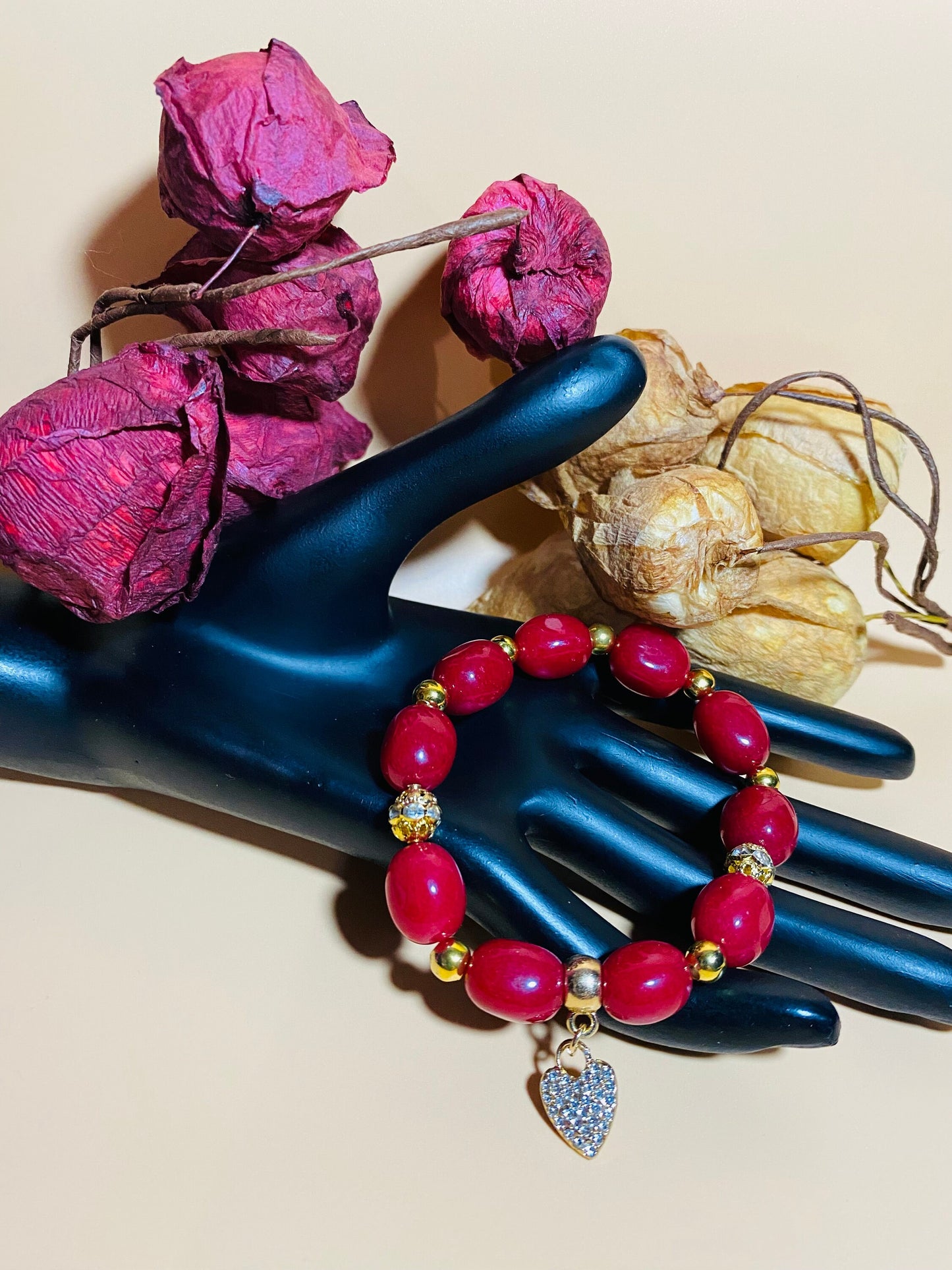 Red Jade Beaded Bracelet: Rhinestone Heart Pendant, Gold Accents