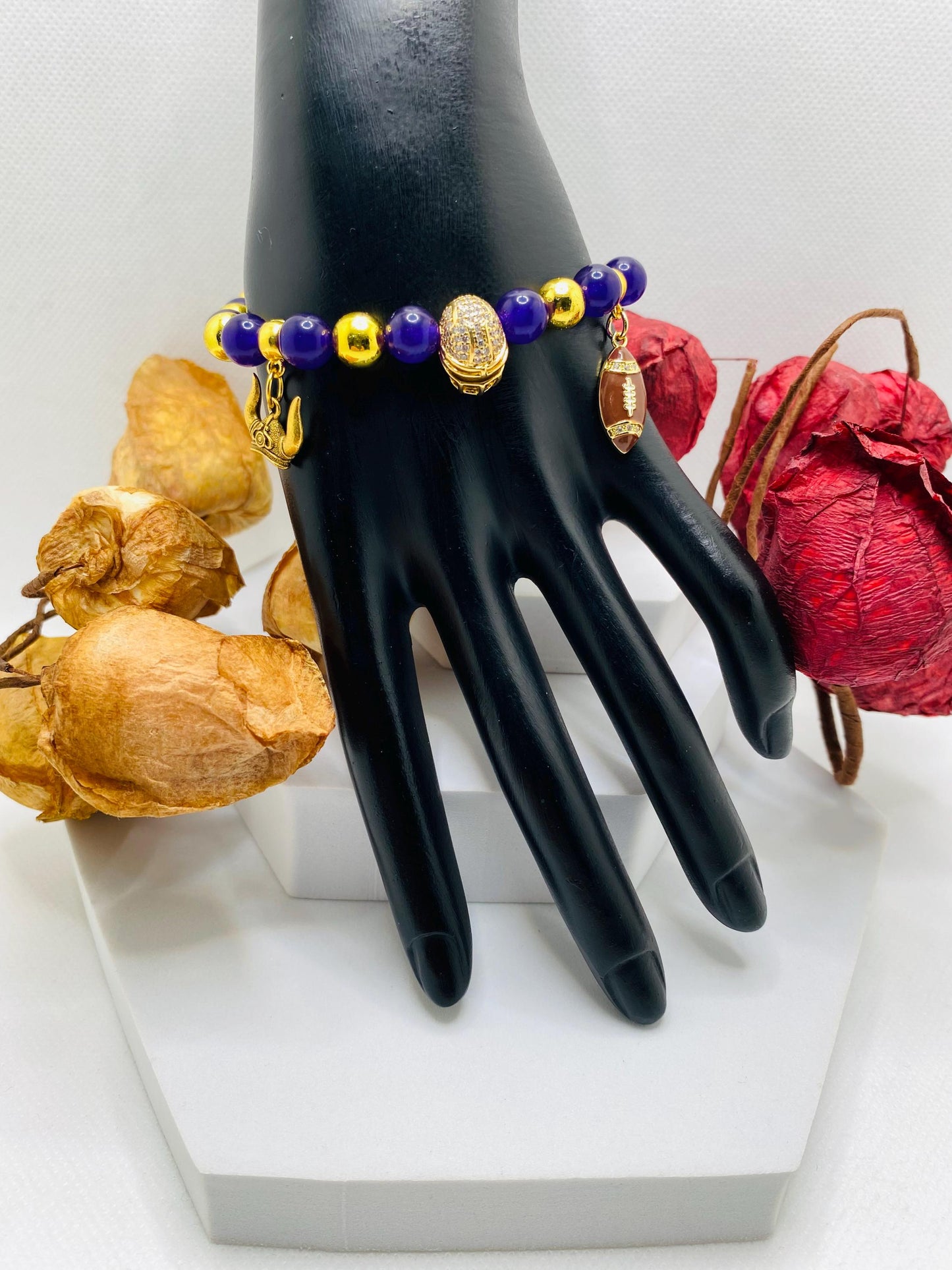 Minnesota Vikings Charm Bracelet: Purple Amethyst & Gold Football Helmet