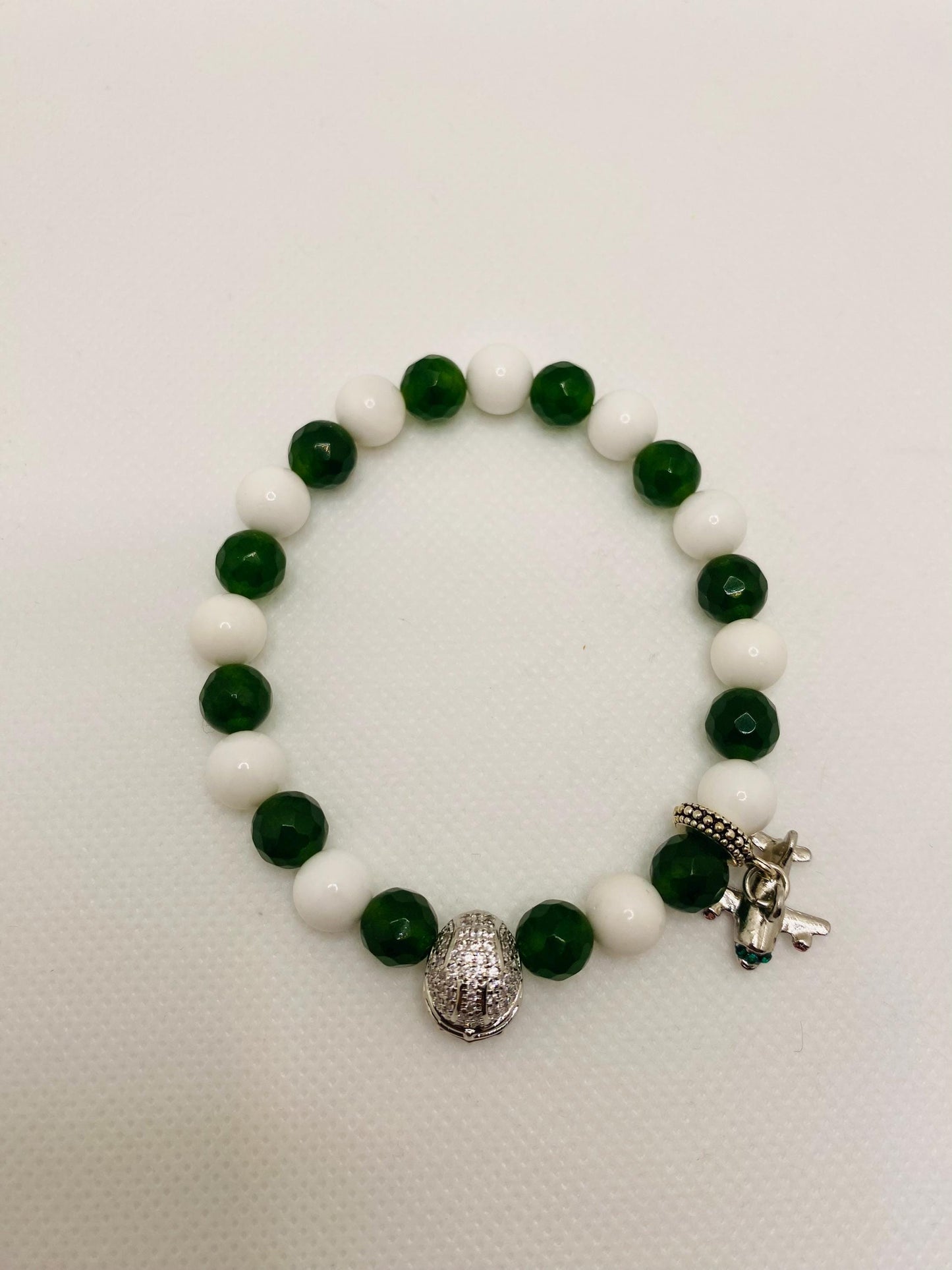 New York Jets Jade Beaded Bracelet: Football Helmet & Airplane Charm