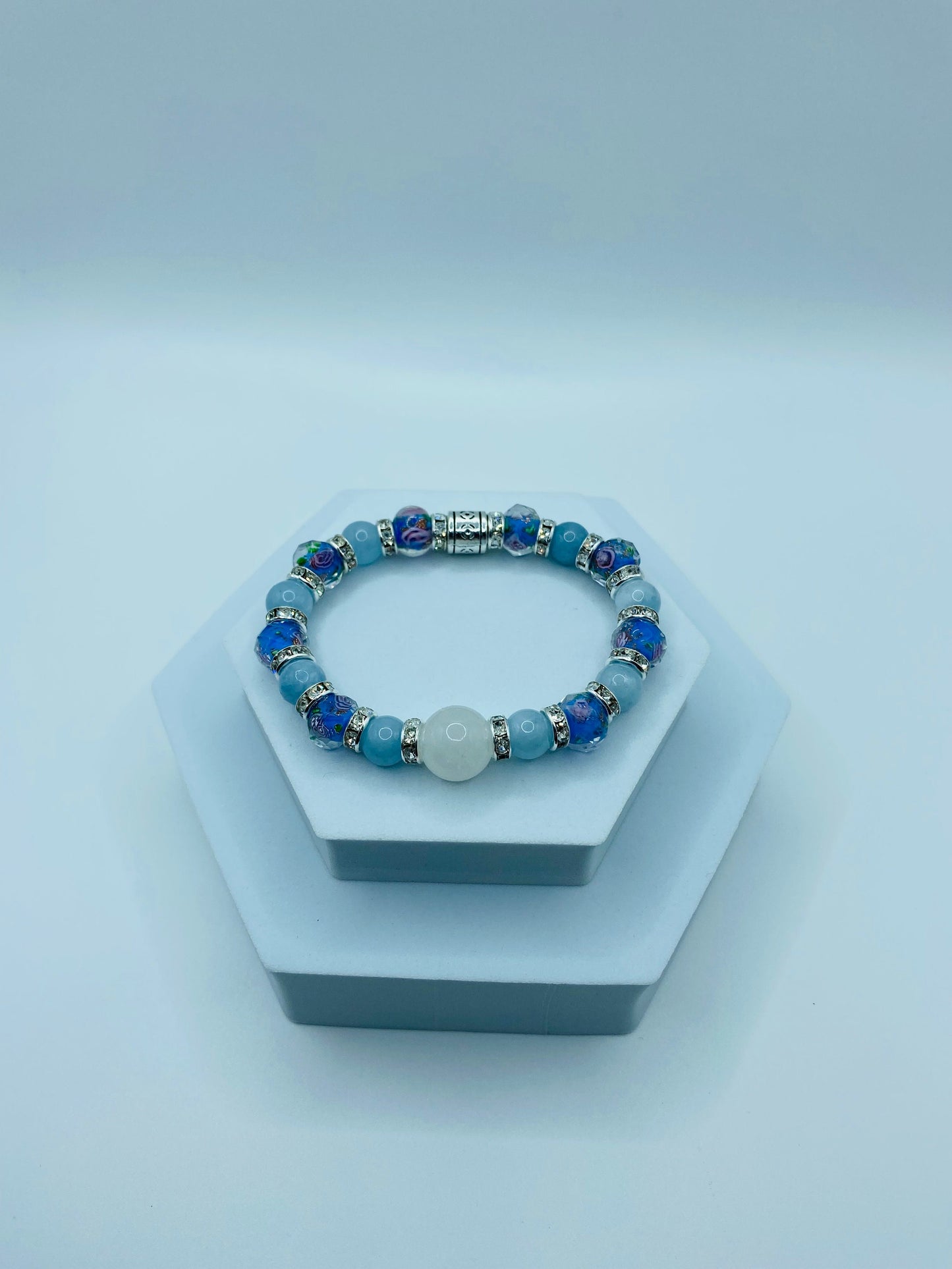 Aquamarine Bracelet: Lampwork Floral Glass Beads, Chalcedony Stone