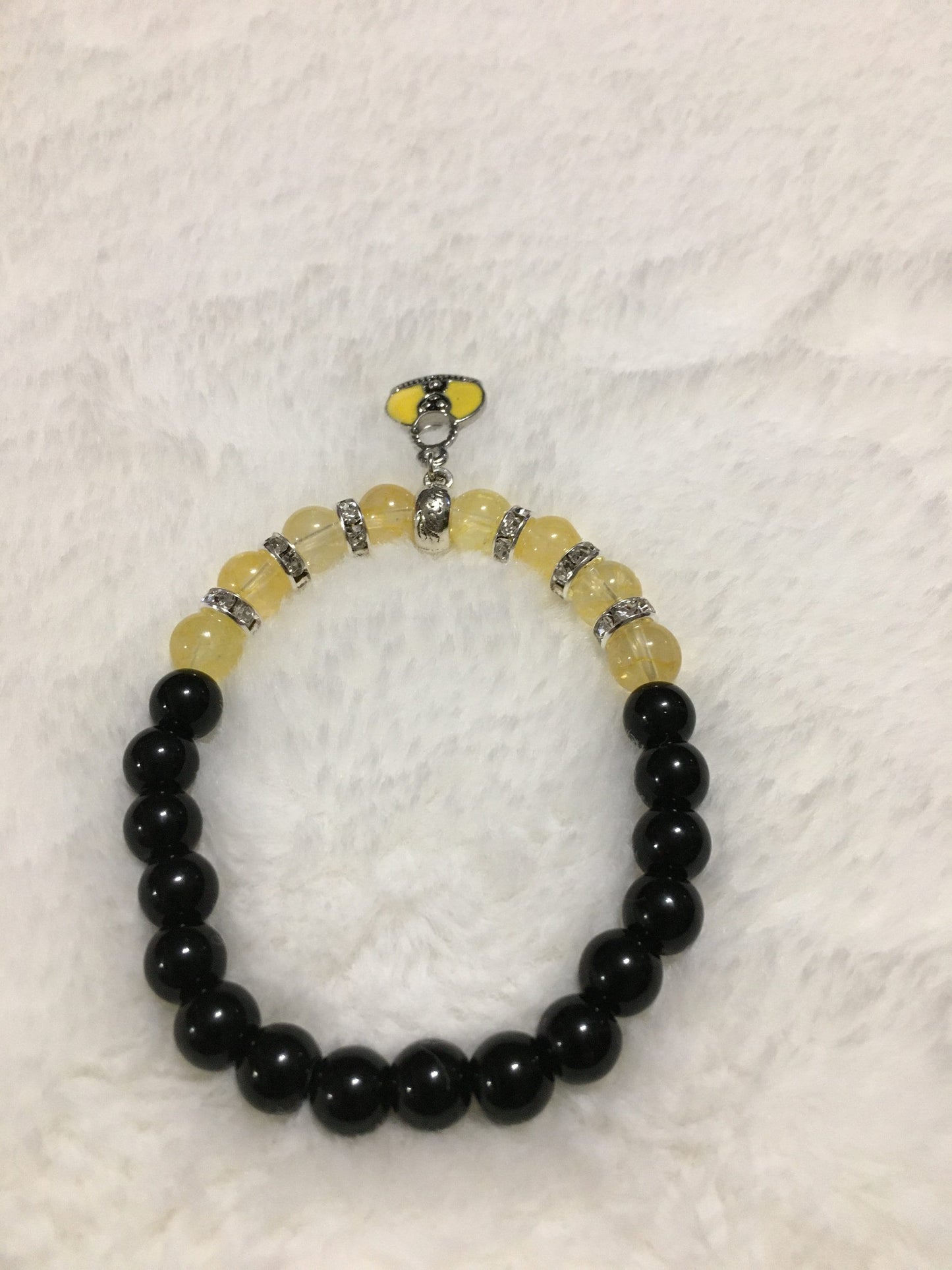 Citrine & Black Onyx Bracelet: Silver Purse Charm, Rhinestone Accents