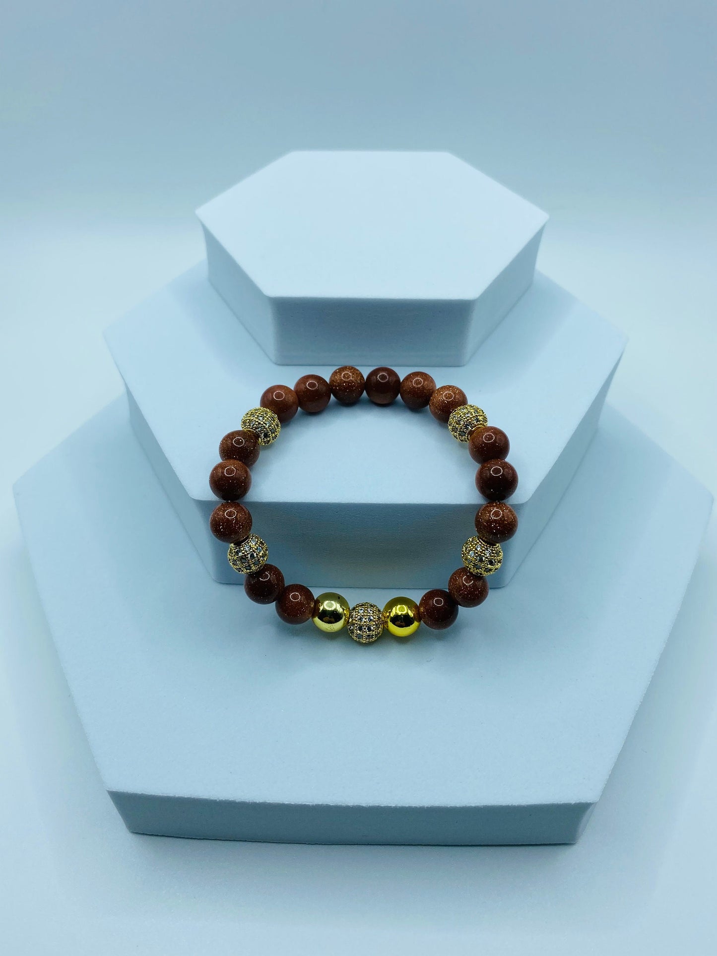 Goldstone Beaded Bracelet: 18k Gold Plated Hematite & CZ Crystals