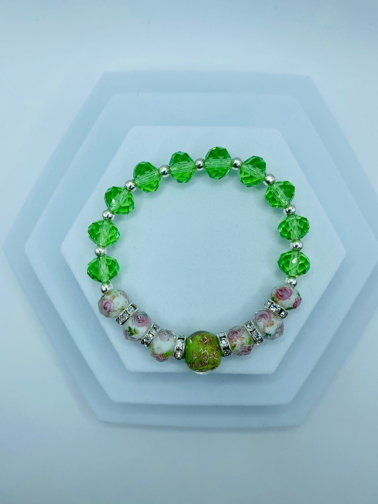 Lampwork Floral Crystal Bracelet: Green Glass Bead Handmade Jewelry