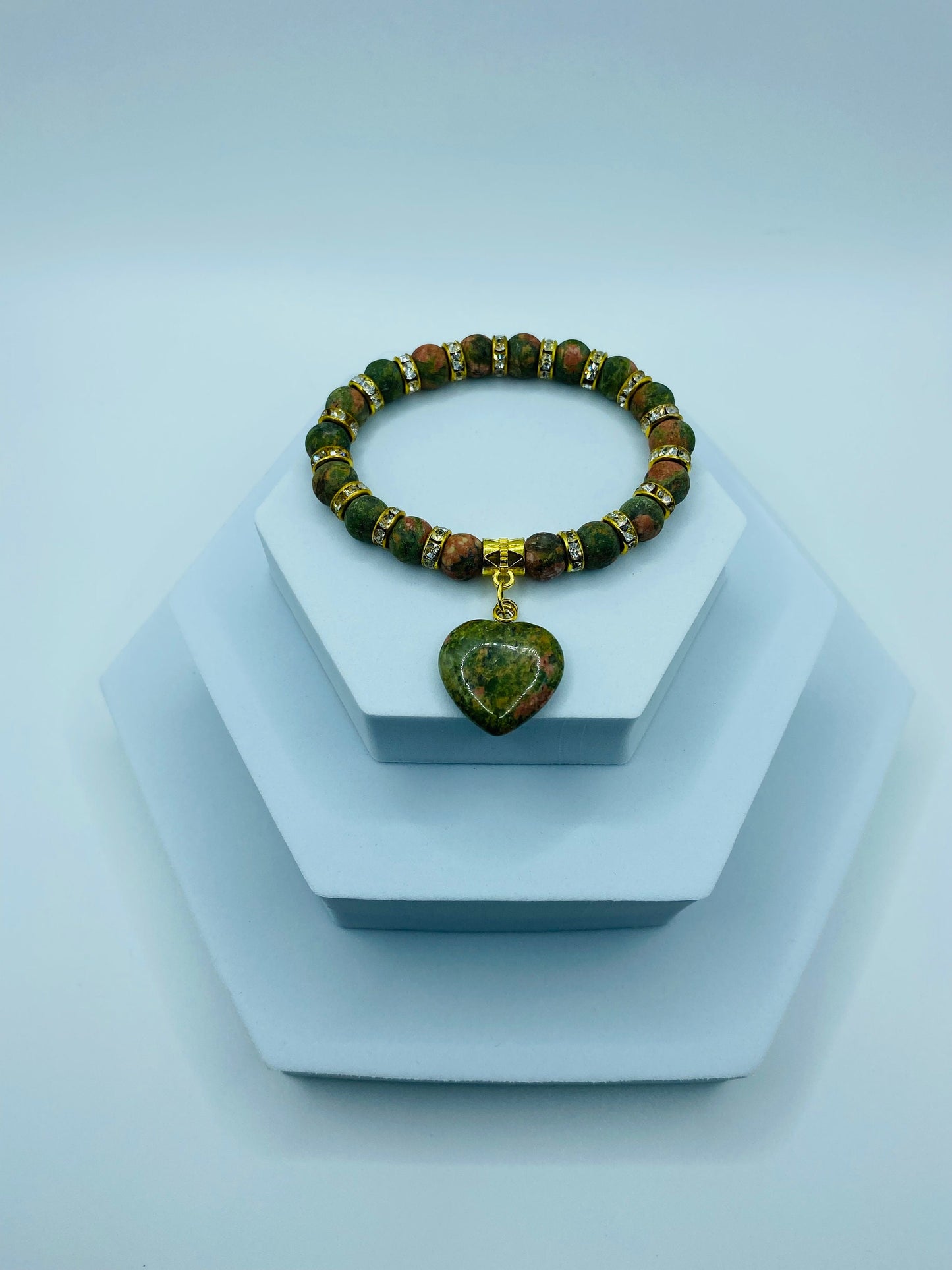 Unakite Heart Charm Bracelet: Gemstone Beads, 18k Gold Accents