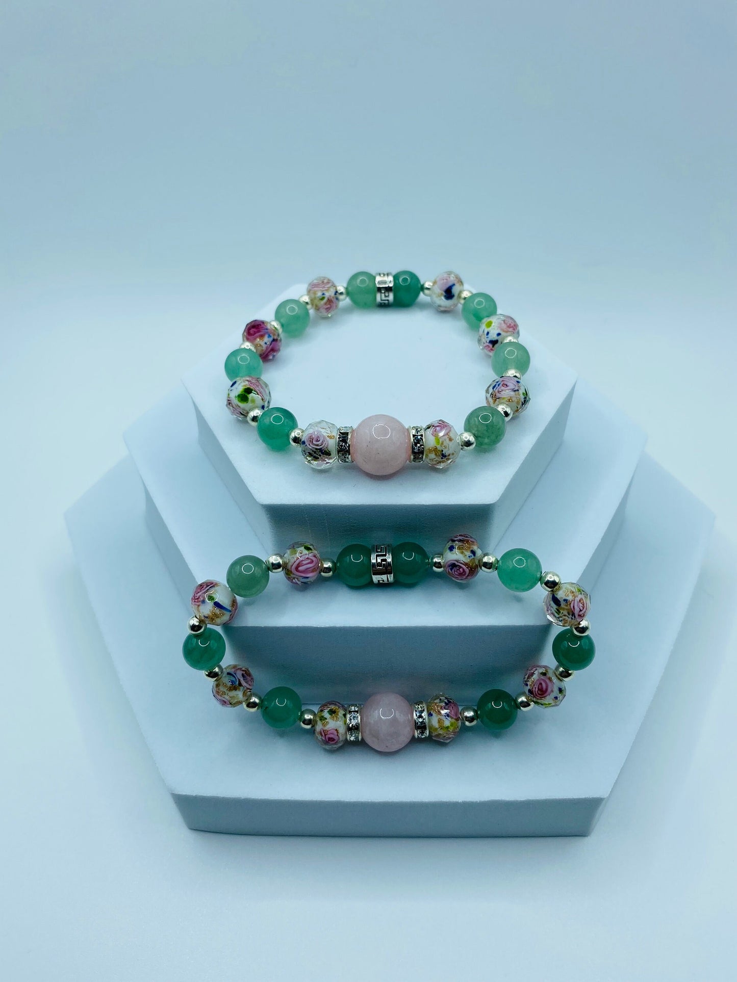 Rose Quartz Bracelet with Green Aventurine & Lampwork Glass Beads - Hematite Gemstone Bracelet