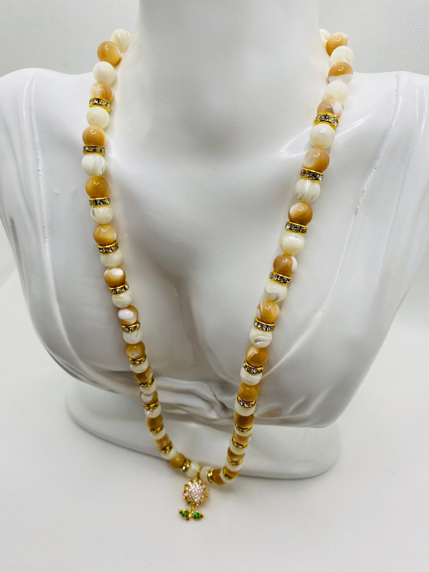 Handmade Mother of Pearl Necklace: CZ Sunflower Pendant