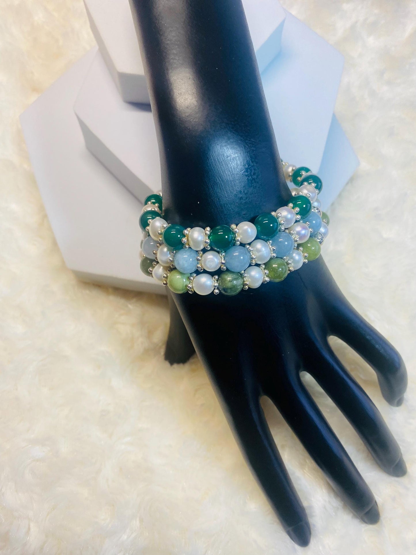 Handmade Baroque Pearl Bracelet Set: Jade & Agate Gemstone Beads