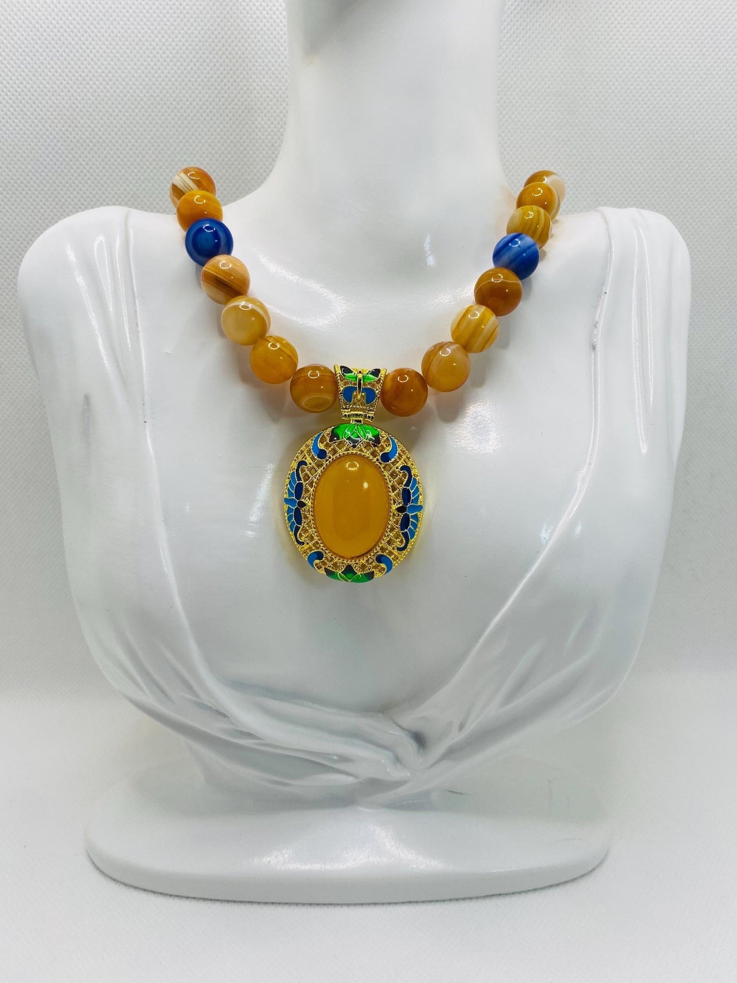 Handmade Chalcedony Pendant Necklace: Striped Agate Gemstone Beads, Boho Jewelry