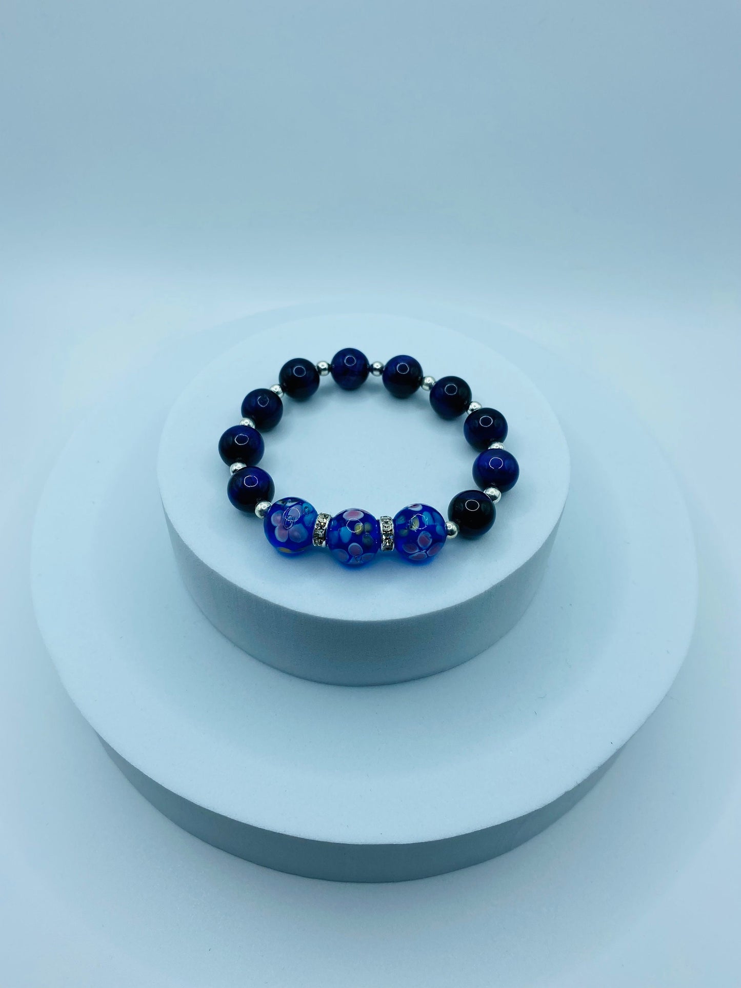 Blue Floral Lampwork Glass Bead Bracelet: Tigers Eye & Hematite