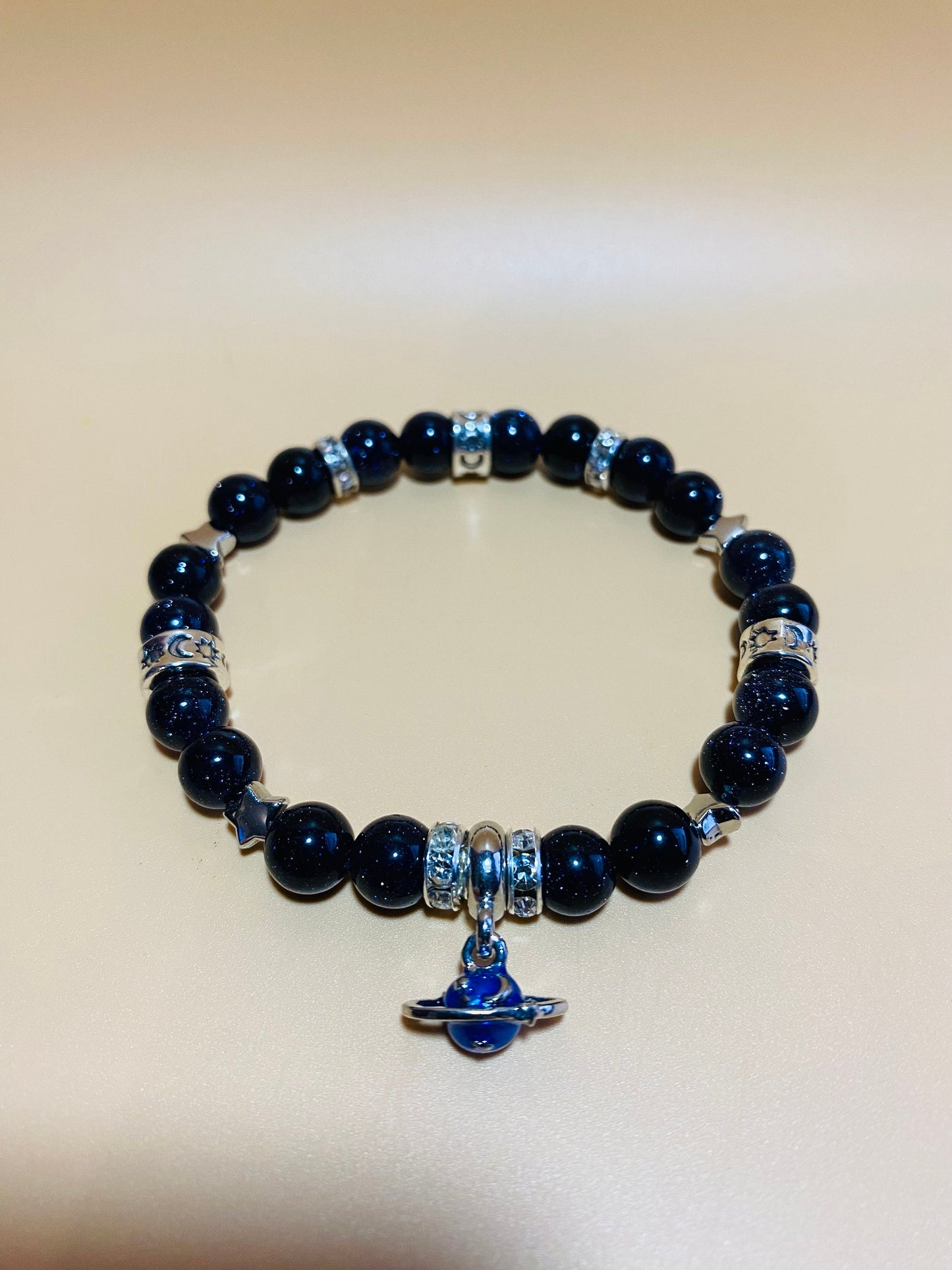 Charm Bracelet, White Gold Bracelet with Saturn Celestial Jewelry, Blue Sandstone Gemstone Beads