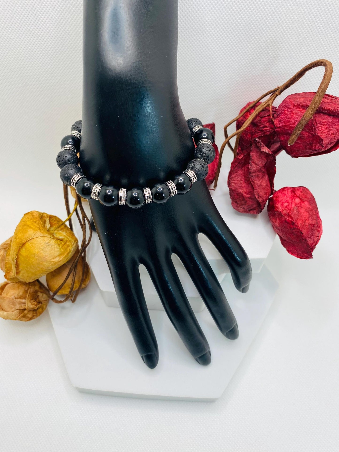 Black Onyx & Lava Rock Bracelet with Tibetan Spacers