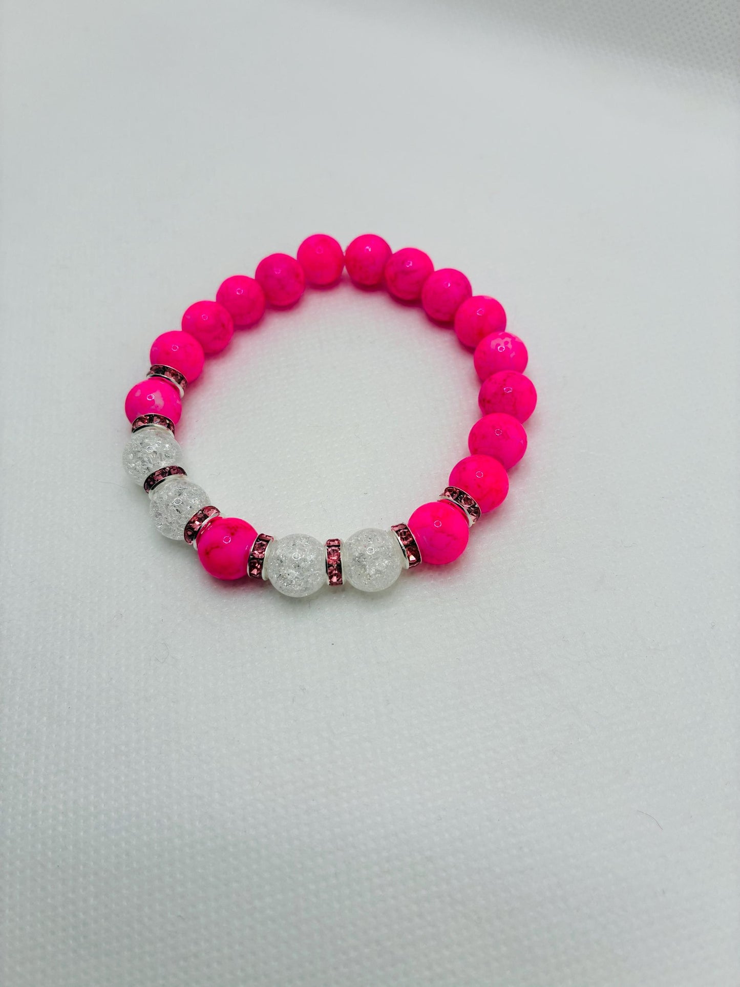 Hot Pink Crystal Glass Bead & Crackle Quartz Bracelet with Silverplated Pink Rhinestone Rondelles