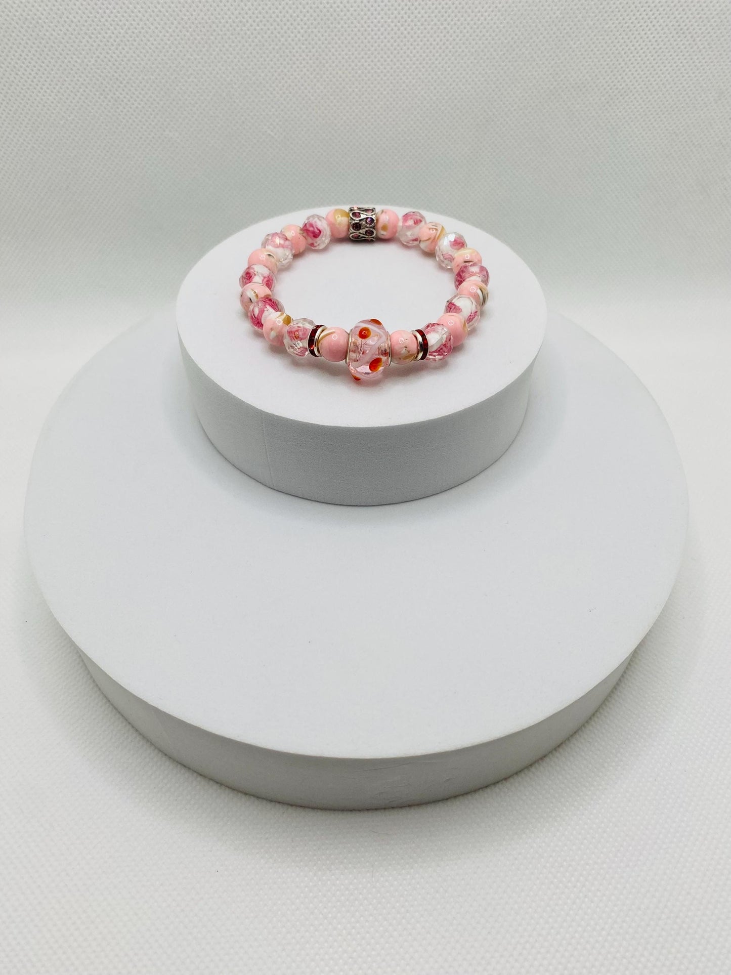 Pink Lampwork Glass Bead Bracelet: Floral Trochus Turquoise