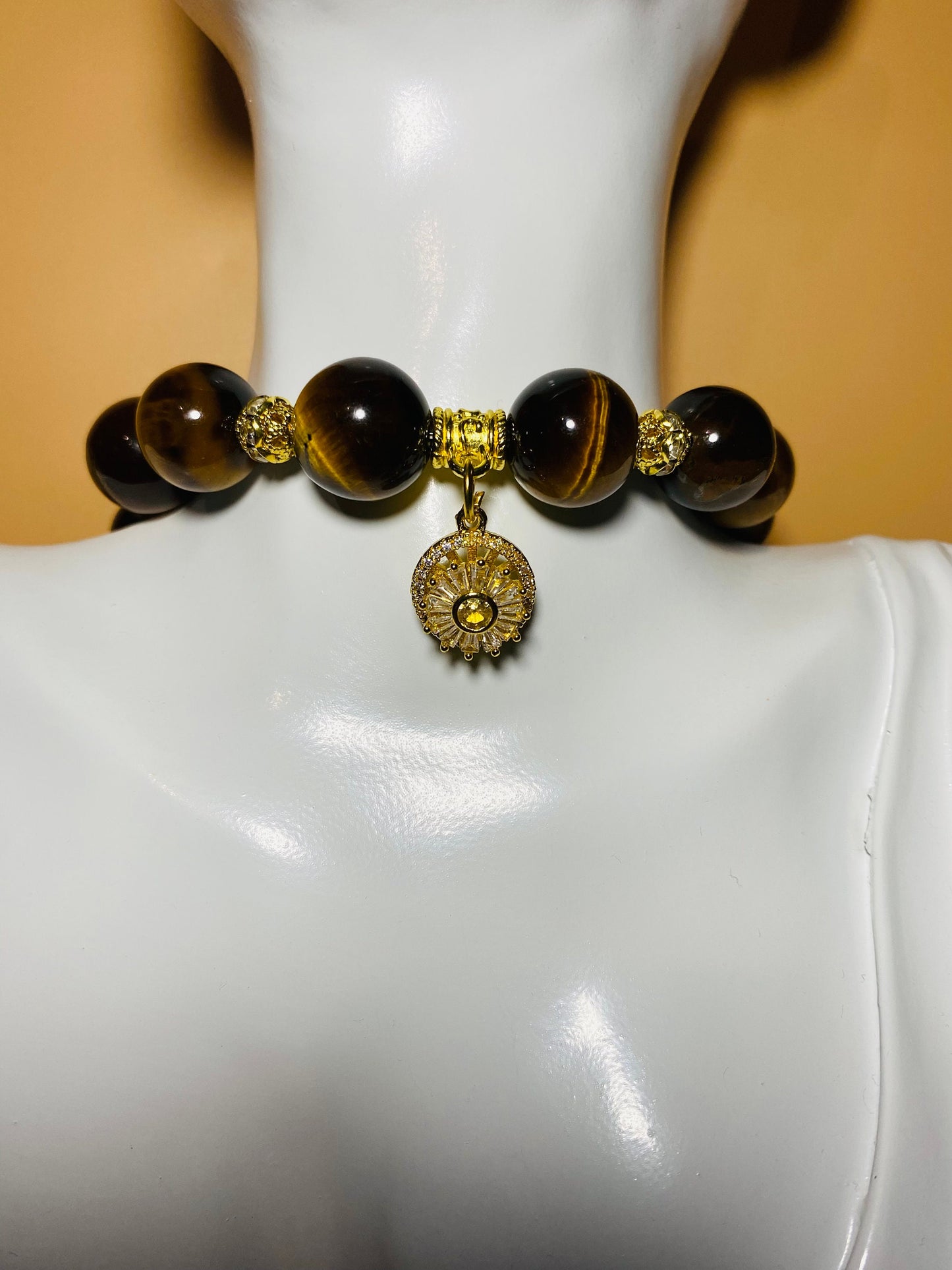 Tigers Eye Beaded Necklace with Gold Sunflower Charm