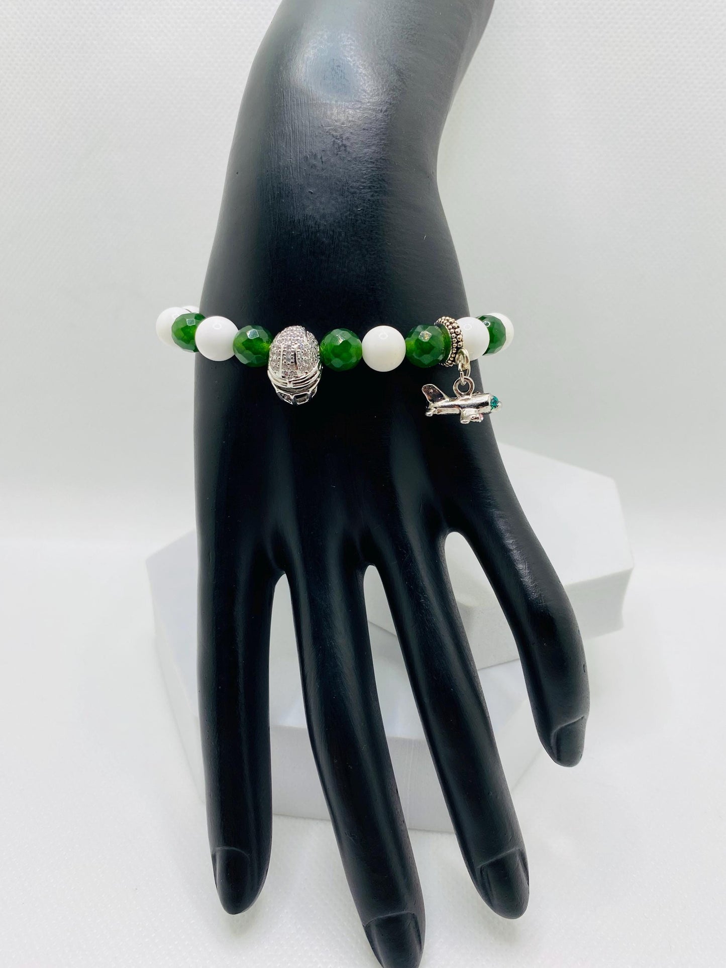 New York Jets Jade Beaded Bracelet: Football Helmet & Airplane Charm