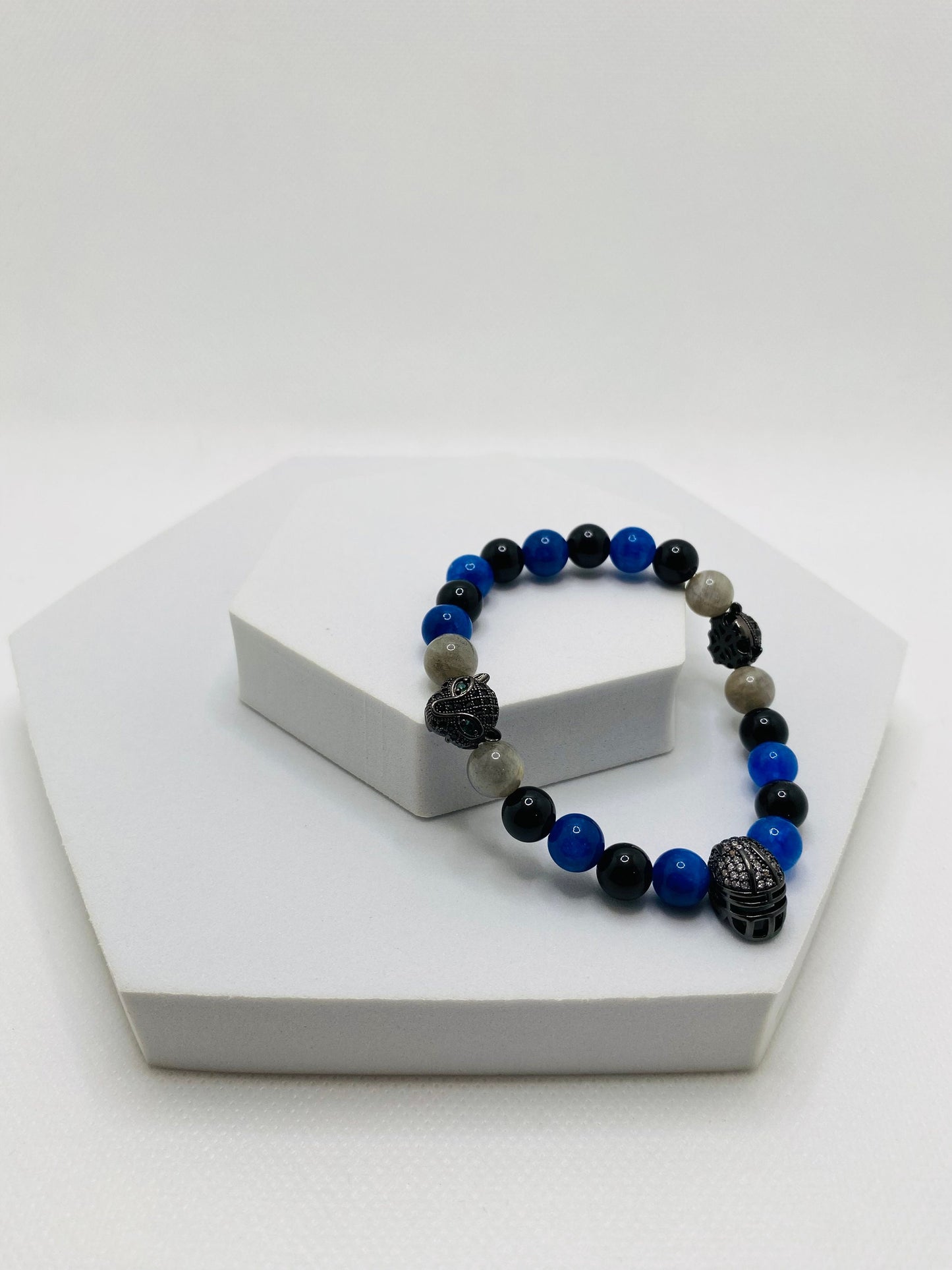Carolina Panthers Bracelet: Onyx, Kyanite & Labradorite Gemstone Beads