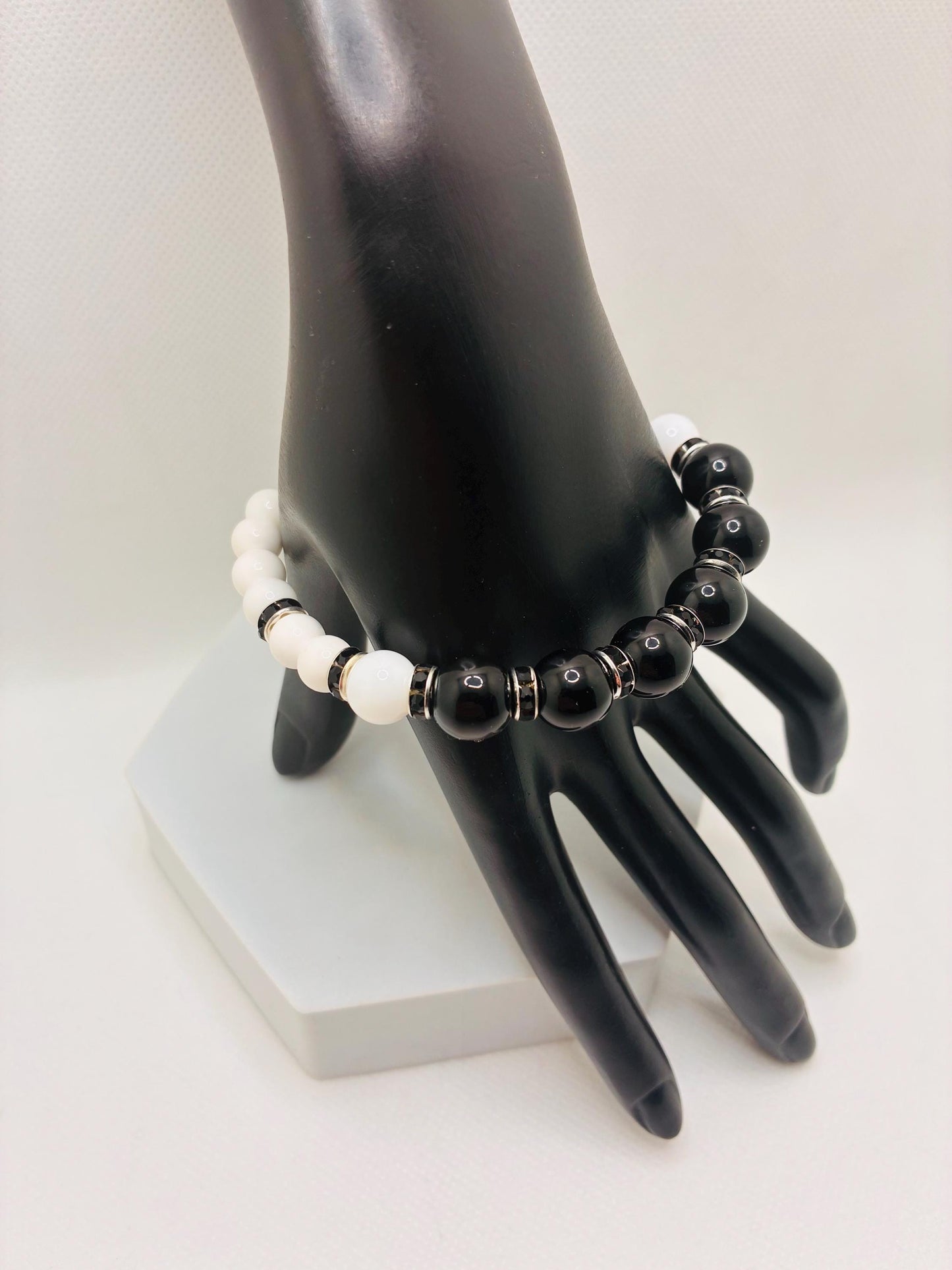 Onyx Gemstone Beaded Bracelet: Black & White Rhinestone Handmade Jewelry
