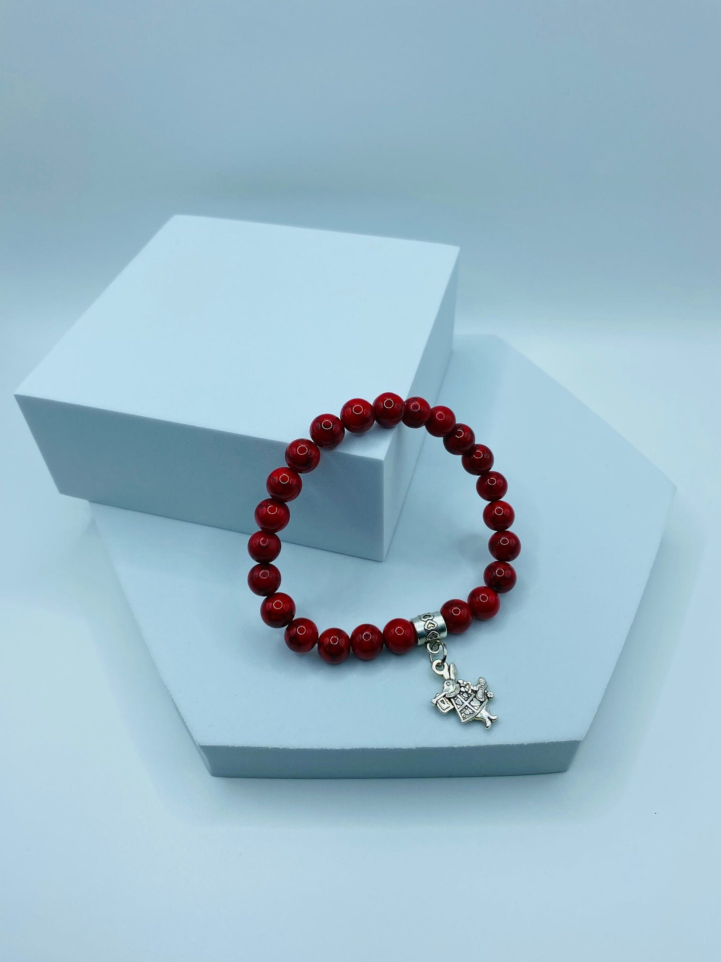 Charm Bracelet Alice in Wonderland Bad Bunny, Turquoise Gemstone Beaded Bracelet