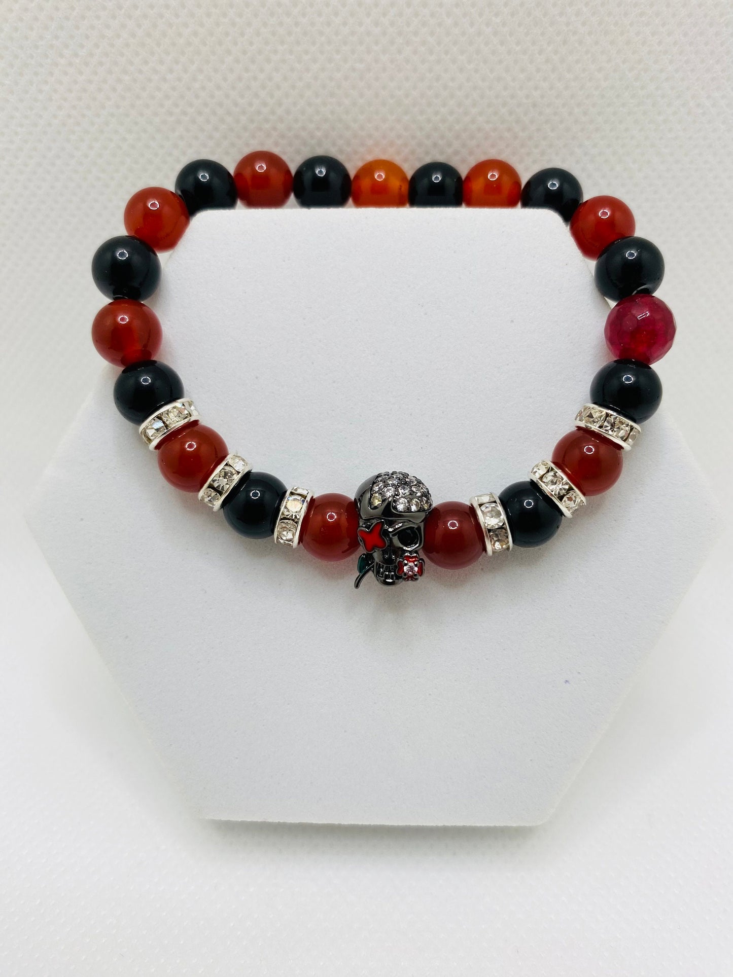 Sugar Skull Bracelet: Black Onyx, Red Carnelian, Rhinestone Rondelles