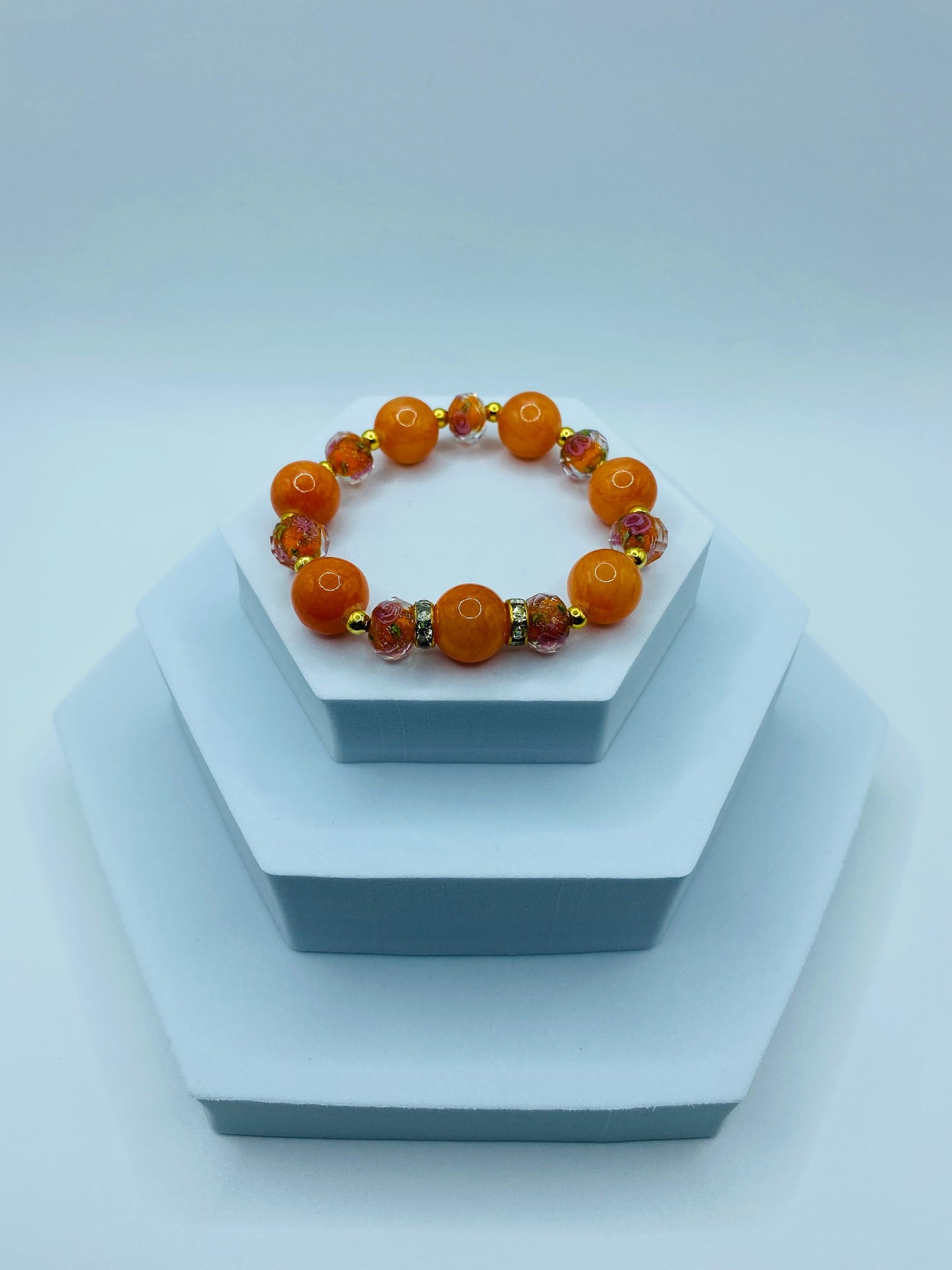 Jade Bracelet Handmade Jewelry for women, orange floral lampwork Glass Beads - Flower Bead Bracelet
