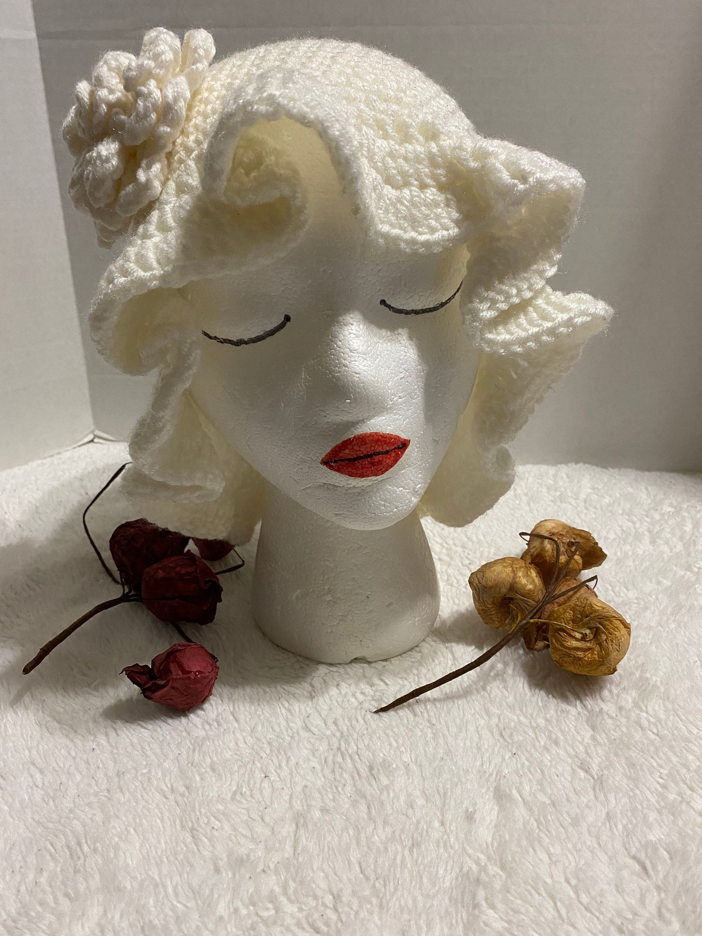 Handmade Crochet Bucket Hat: White Acrylic Flower Hat