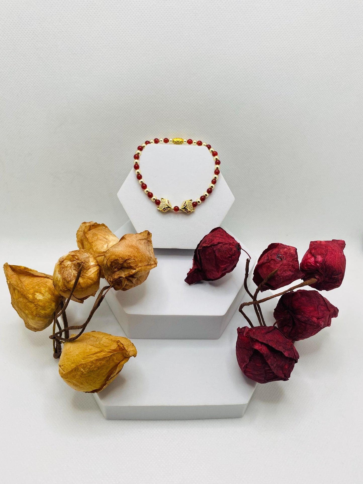 Fox Charm Bracelet: Carnelian, Gold Hematite & Cubic Zirconia