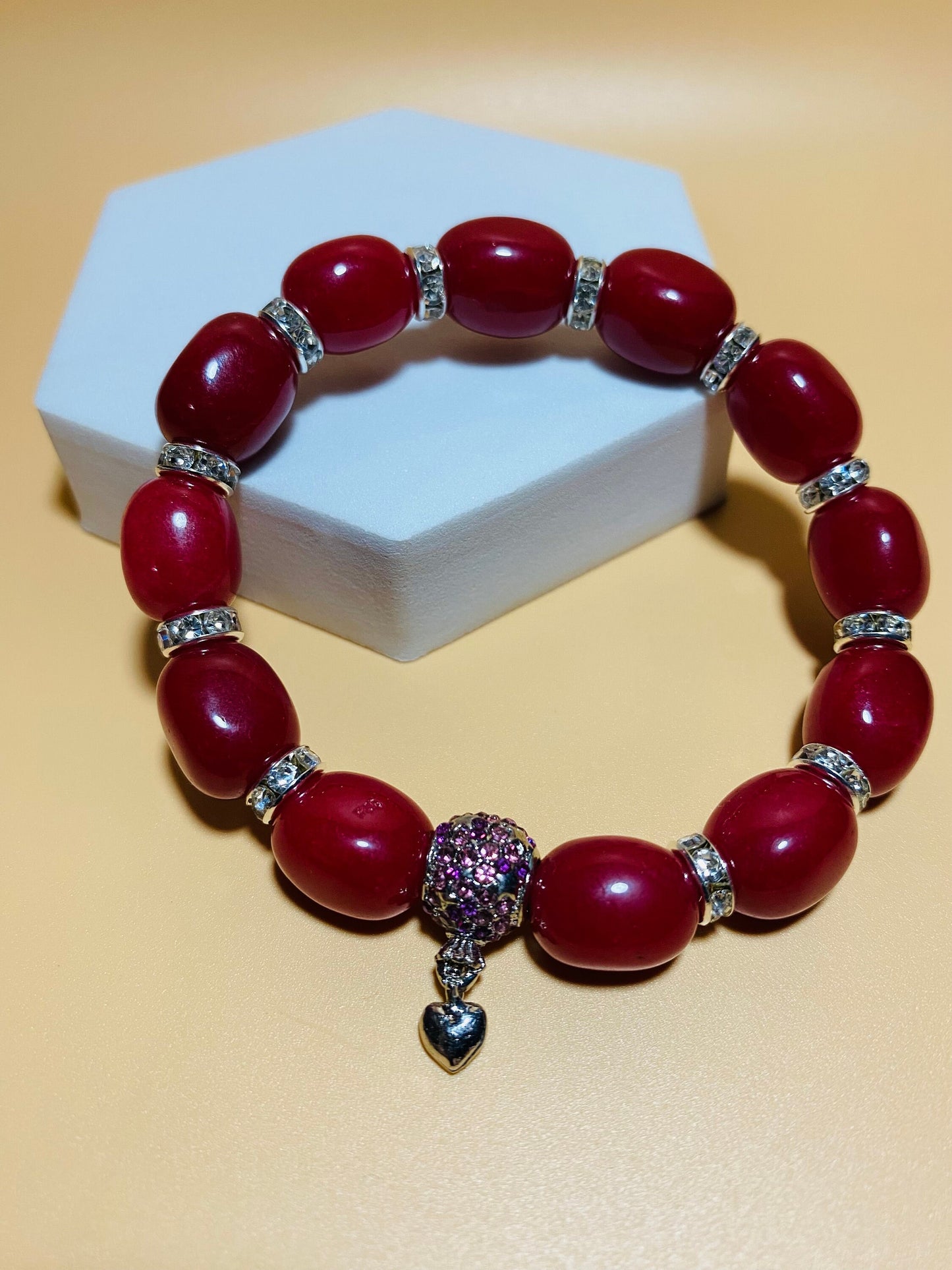 Red Jade Beaded Bracelet: Rhinestone Heart Charm, Silver Details