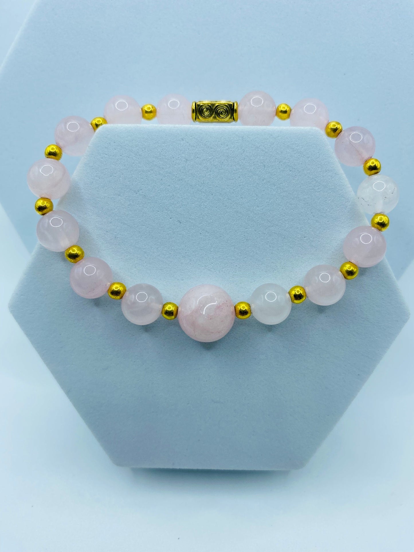 Handmade Rose Quartz Bracelet: 18k Gold Plated Hematite Beads