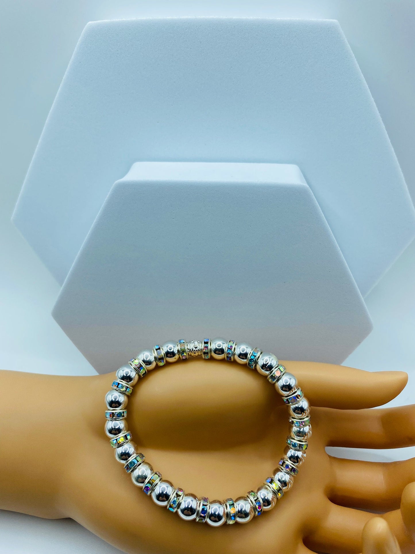 Mens Silver Hematite Bracelet with Rhinestone Accents