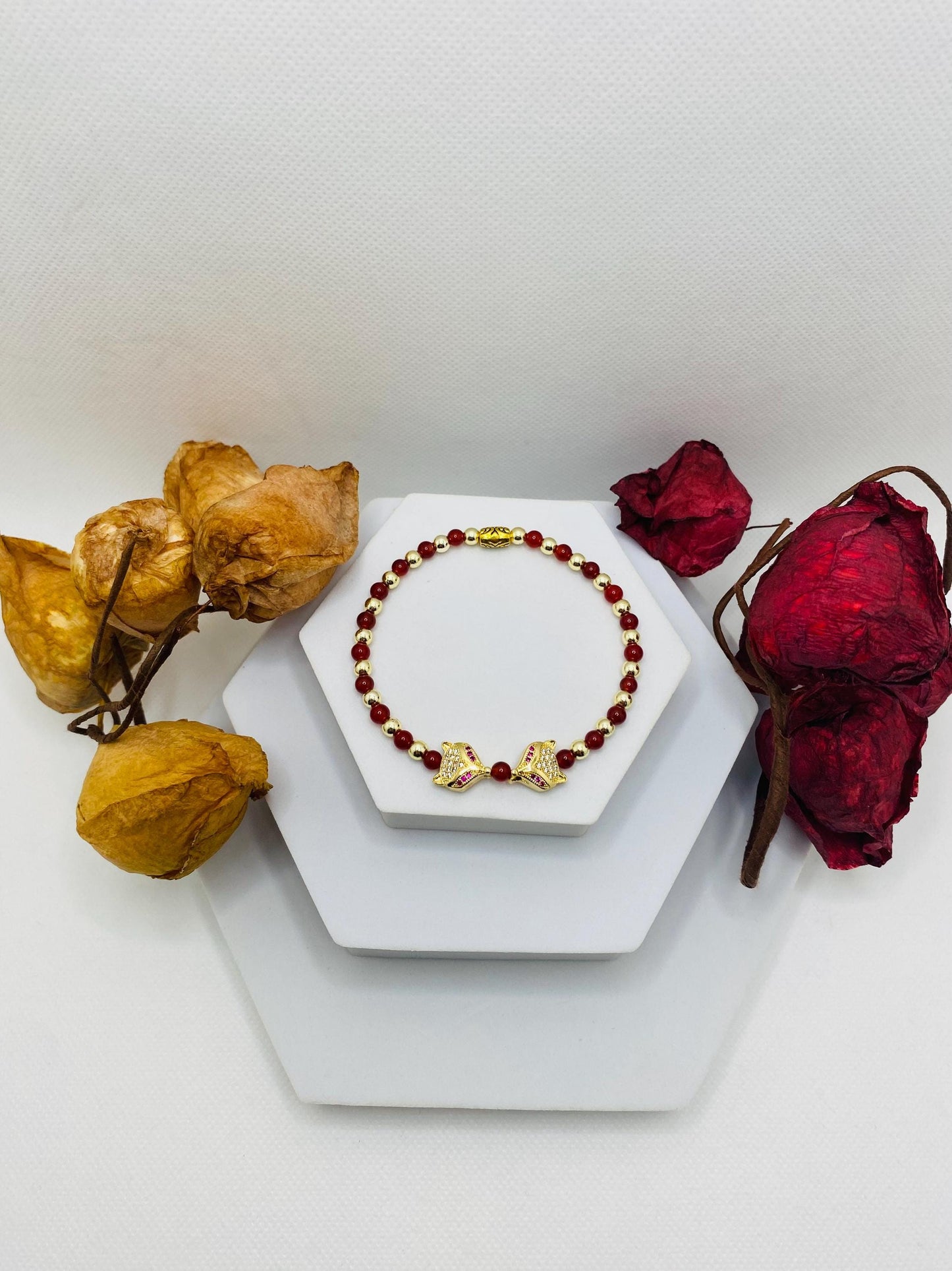 Fox Charm Bracelet: Carnelian, Gold Hematite & Cubic Zirconia