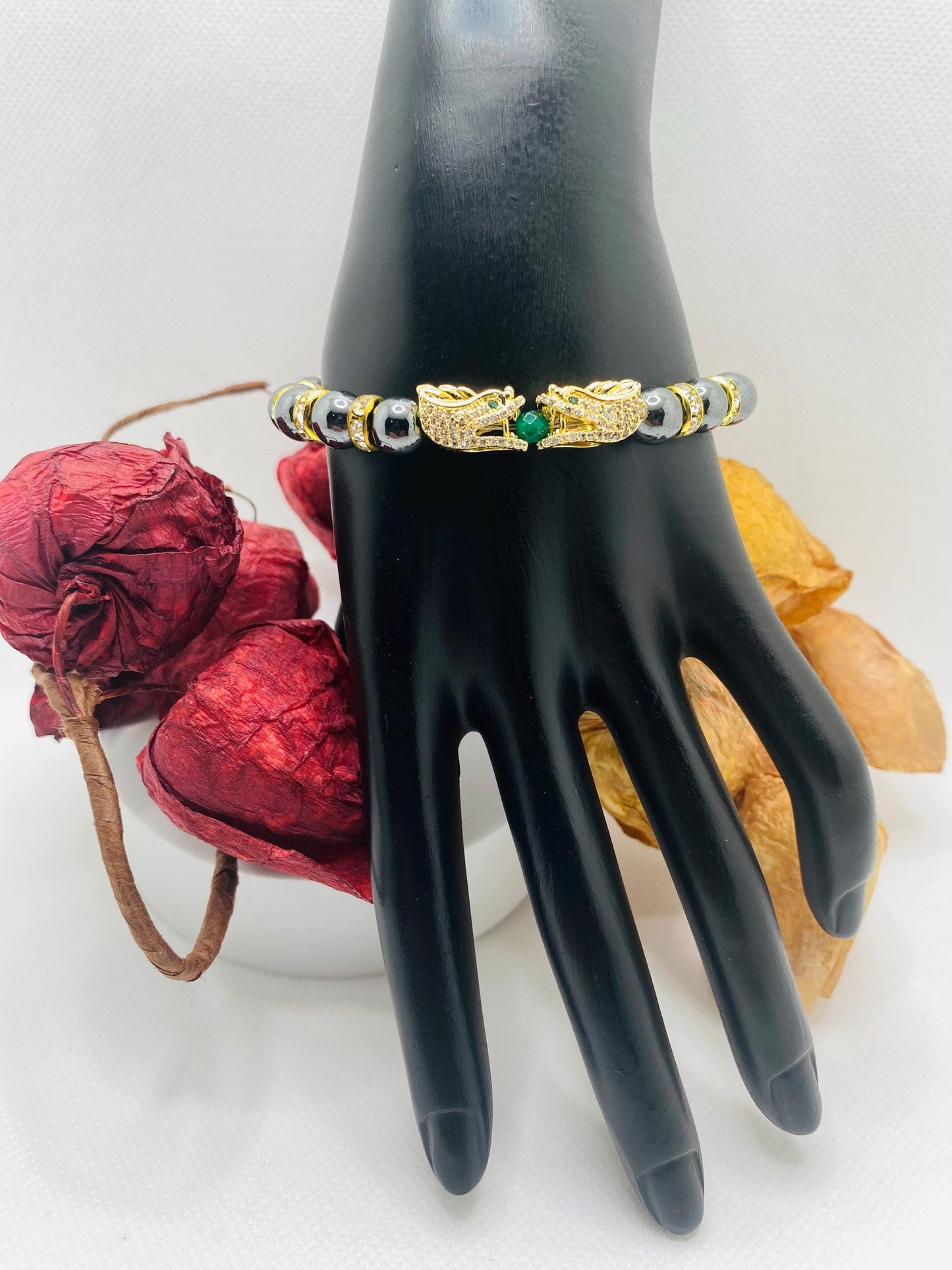 Dragon Hematite Beaded Bracelet: Gold CZ Charm, Handmade