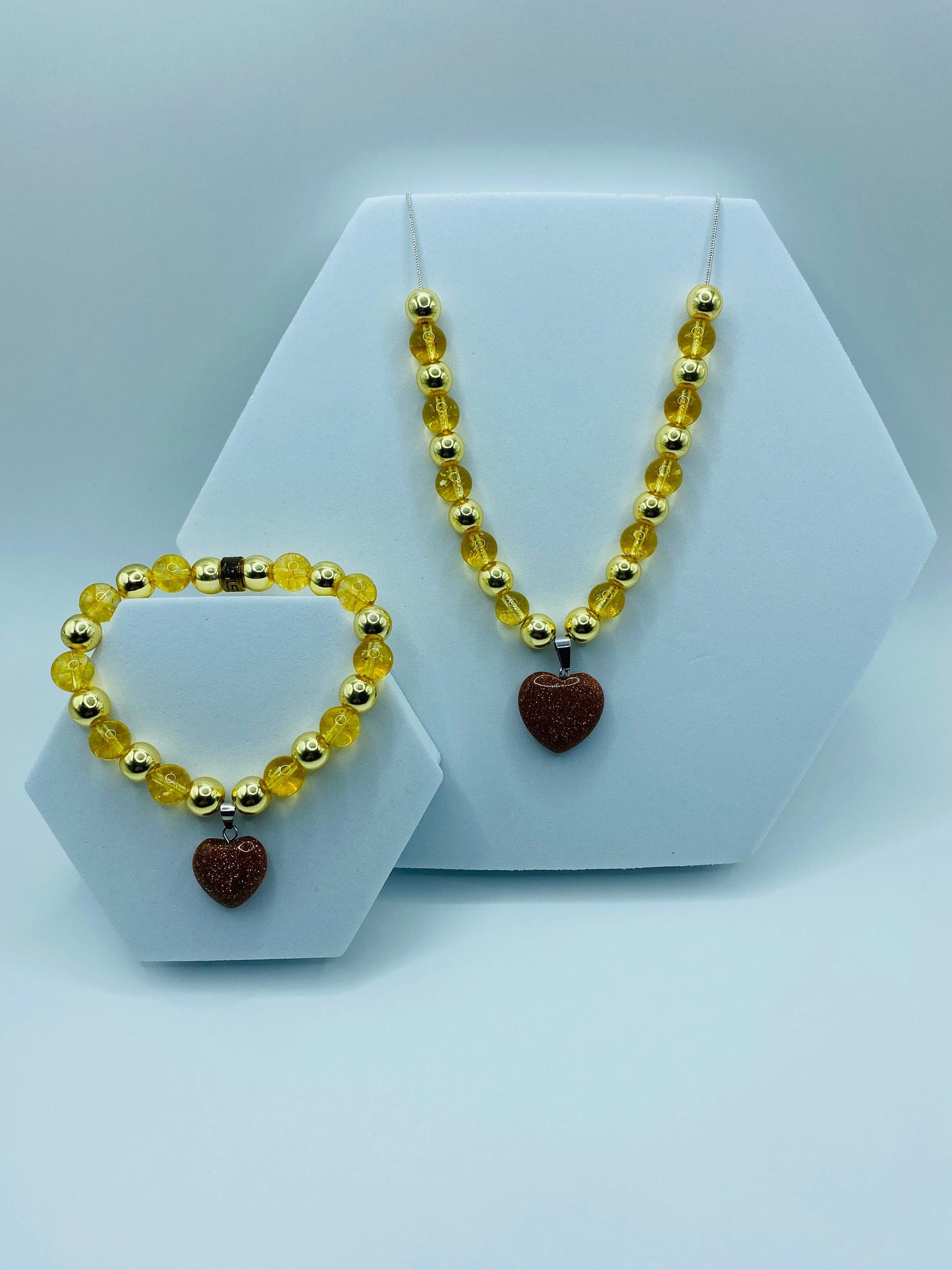 Womens Jewelry Citrine Necklace & Bracelet - Gold Hematite and Goldstone Heart Charms - Gifts for Women
