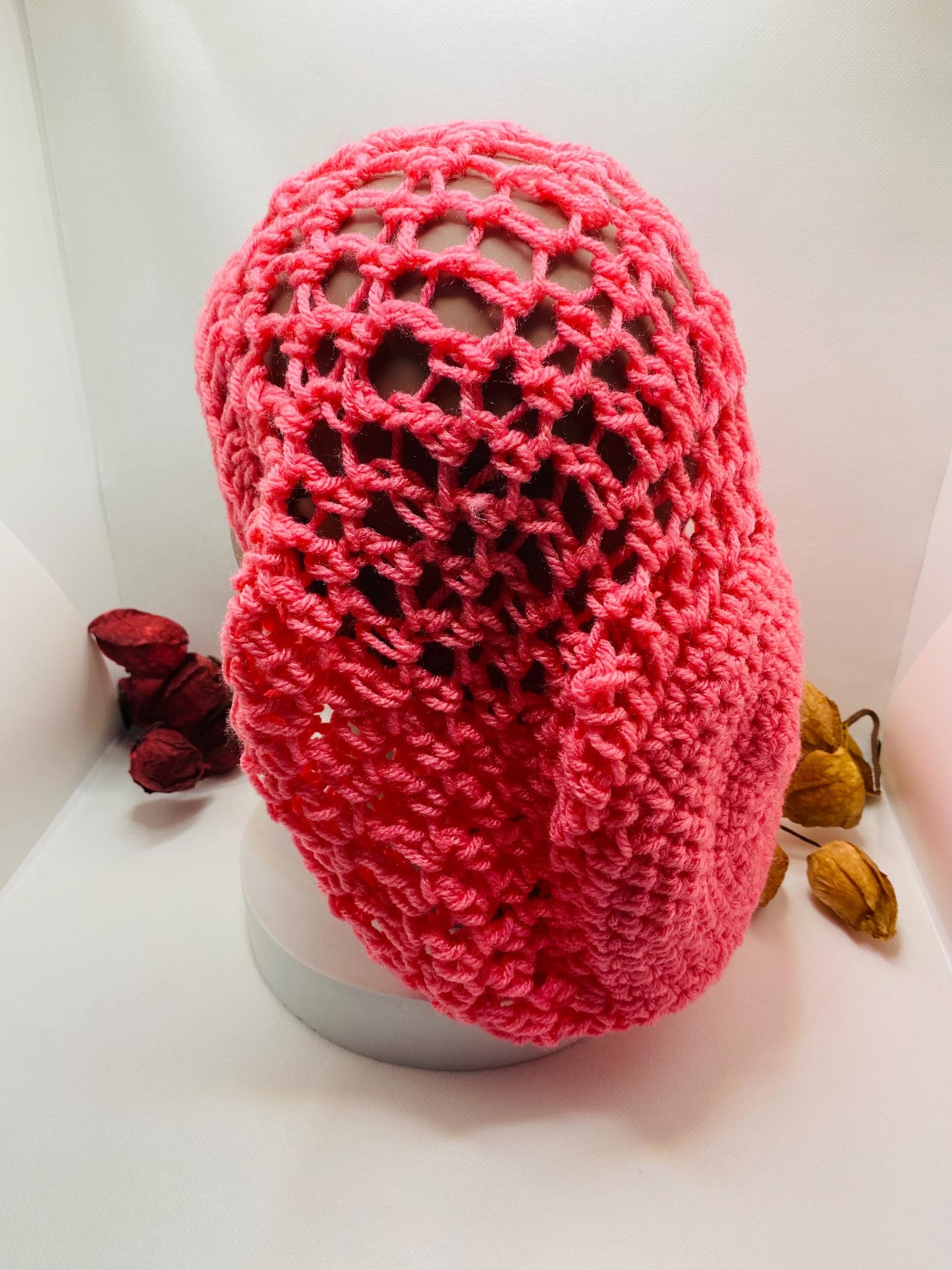 Pink Crochet Slouchy Beanie: Handmade Acrylic Dreadlock Hat