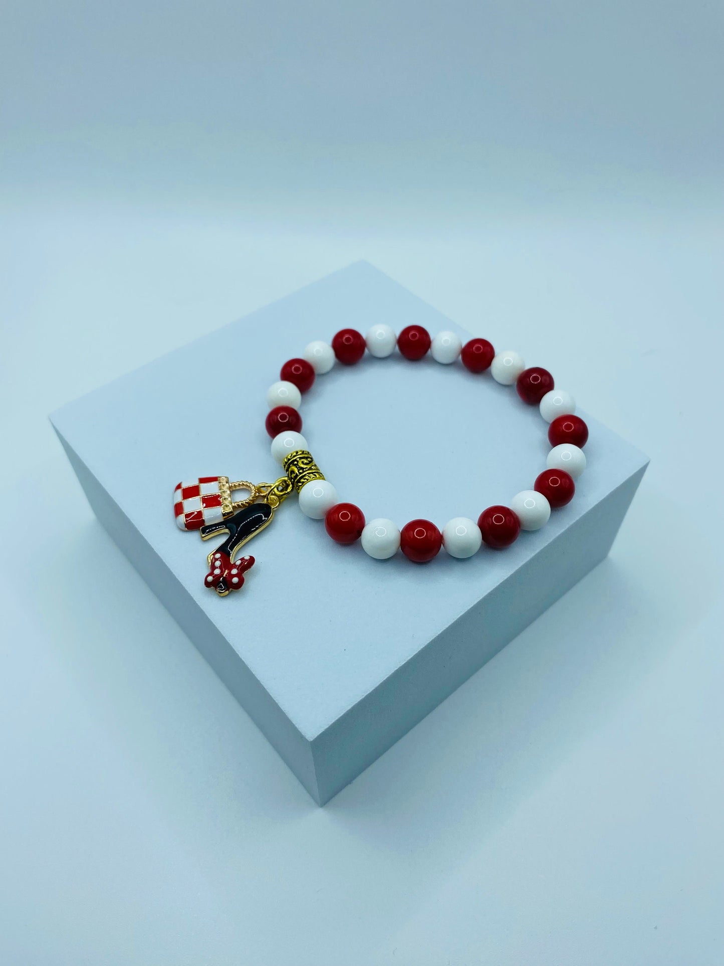 Charm Bracelets with Purse Charm & Shoe Charms - Red Coral, White Porcelain Gemstone Beads - Gifts for Her