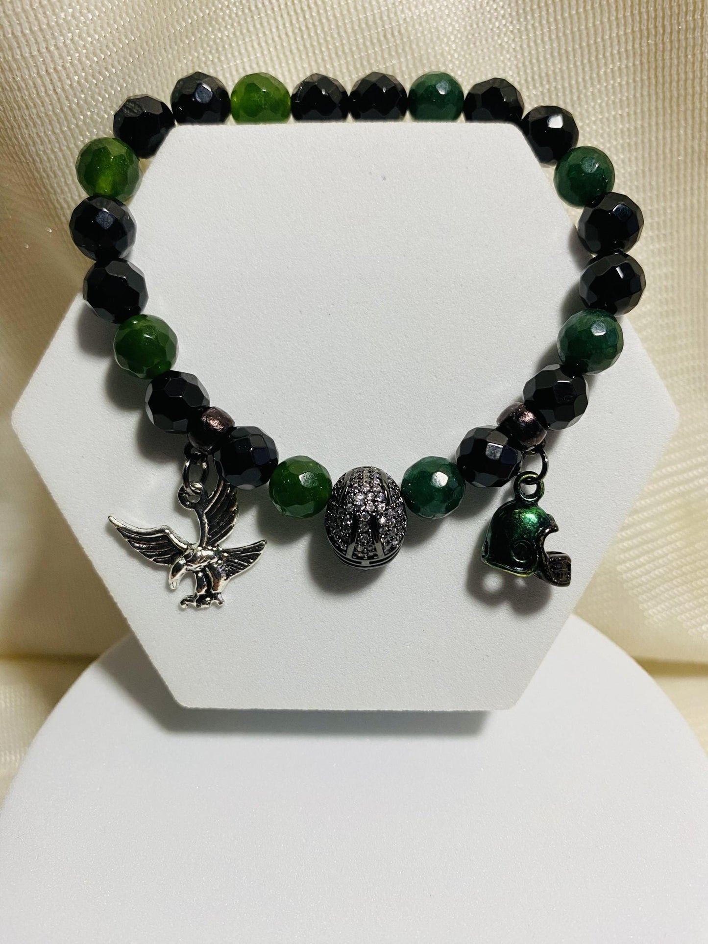 Mens Bracelet Philadelphia Eagles Custom Jewelry with Football Helmet & Natural Gemstone Beads