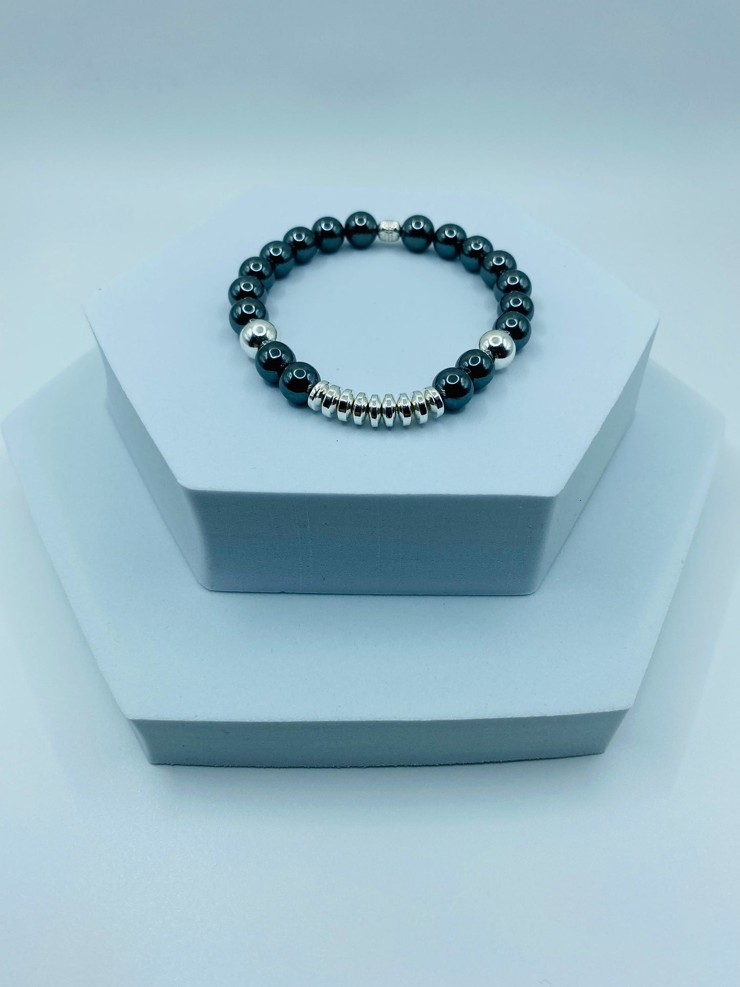 Mens Hematite Beaded Bracelet: Silver Plated Gemstone Jewelry