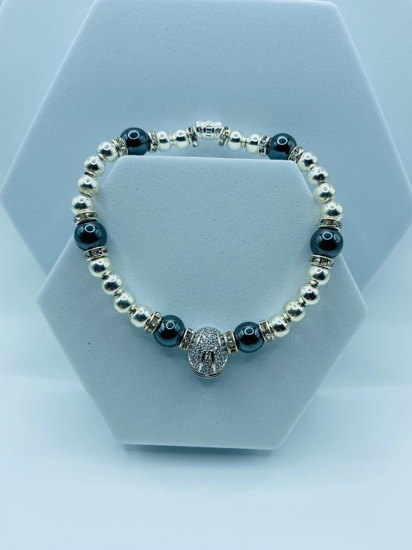 Las Vegas Raiders Bracelet: Hematite Beads, CZ Football Helmet