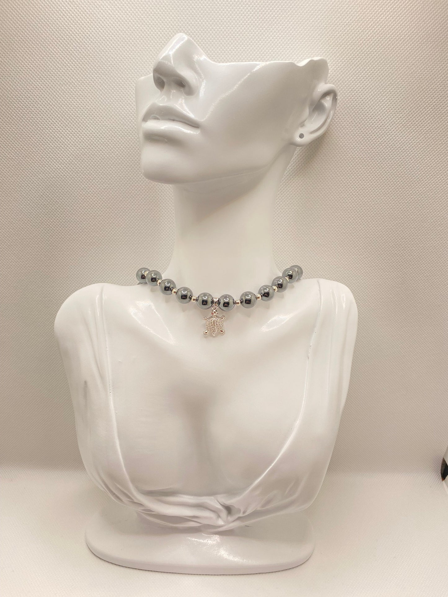 Hematite Gemstone Necklace: Silver Turtle Charm, Handmade Beaded Jewelry