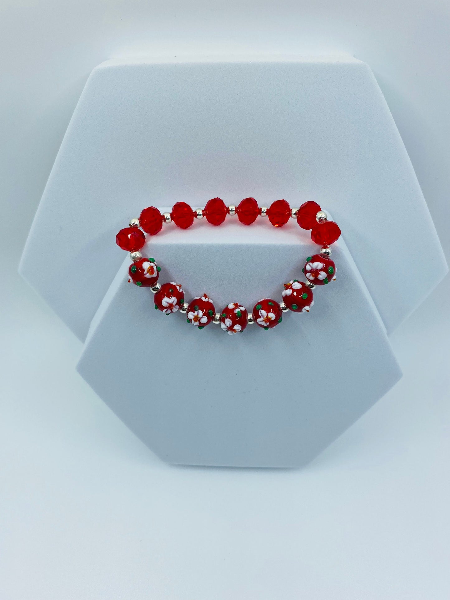 Red Floral Lampwork Glass Bead Bracelet: Red Crystal Handmade Jewelry