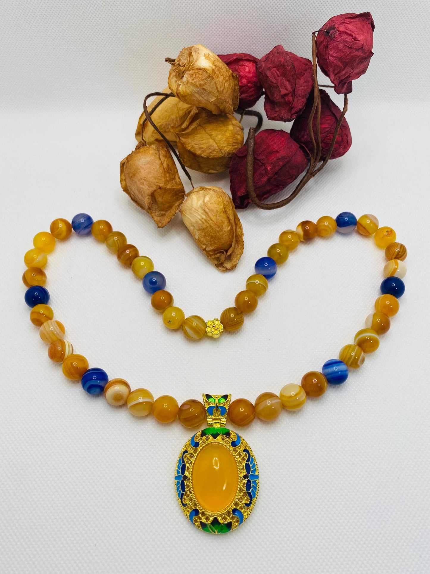 Handmade Chalcedony Pendant Necklace: Striped Agate Gemstone Beads, Boho Jewelry