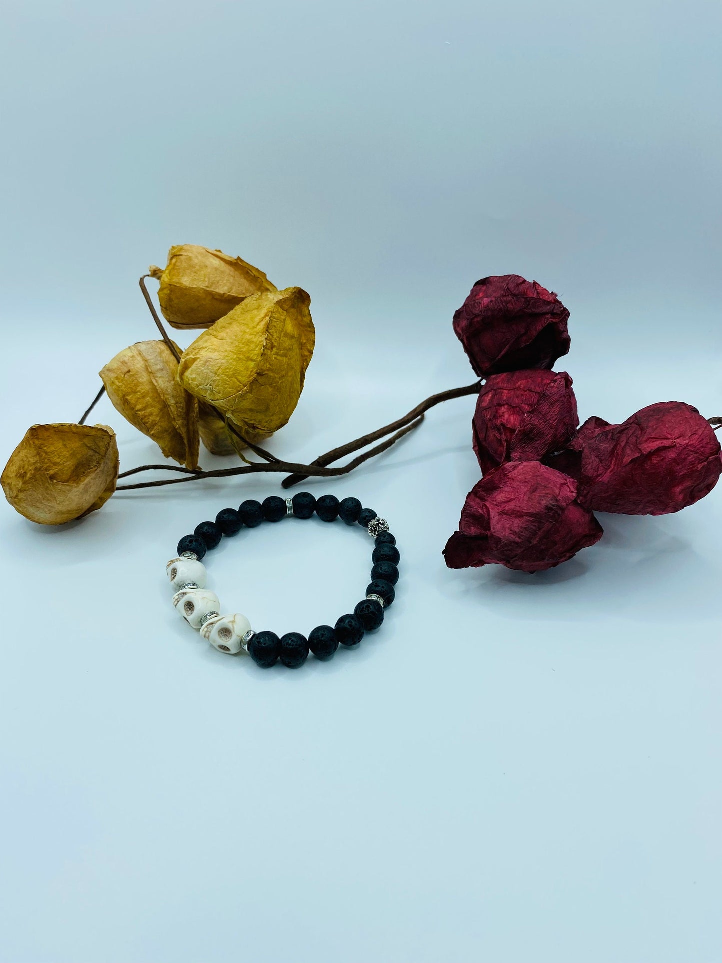 Day of the Dead Lava Rock Bracelet, White Skull Beads & Metal flowers - Dia de Los Muertos - Gift for Him